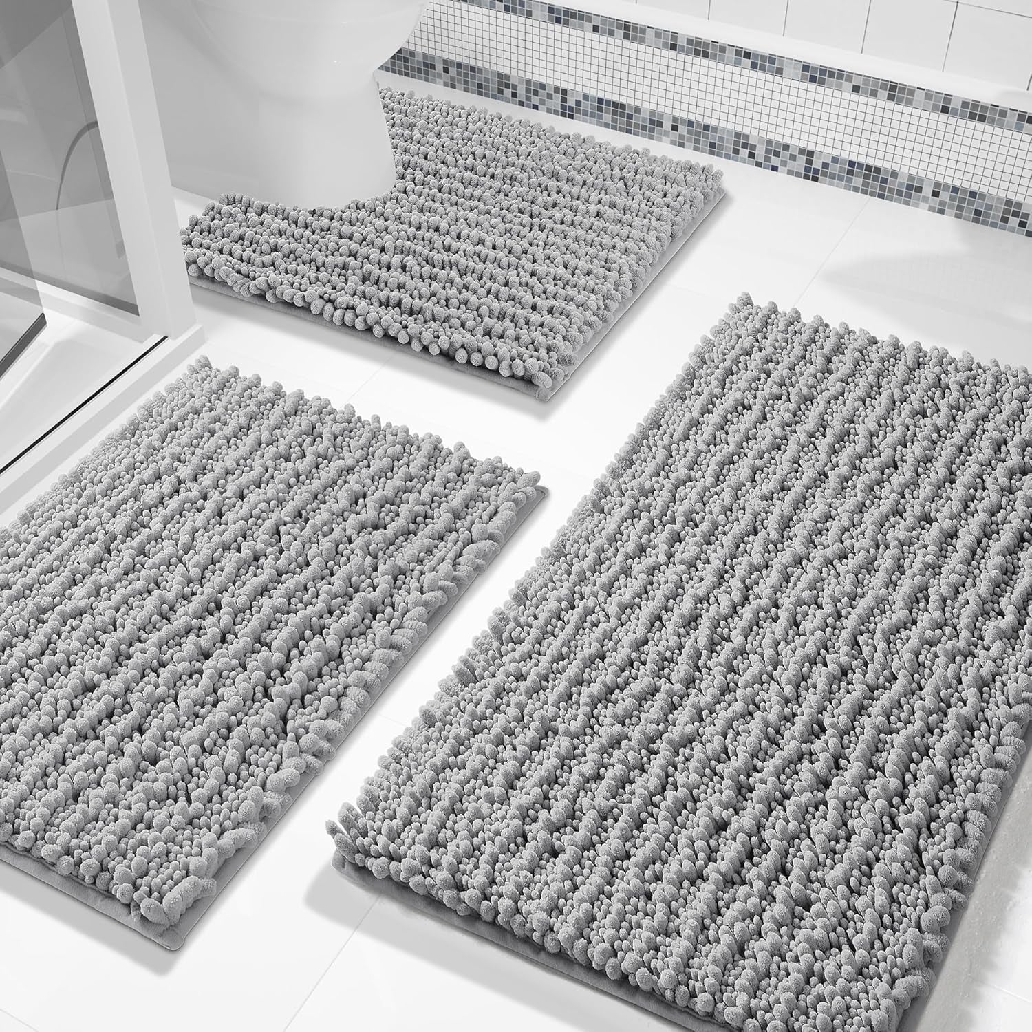 Bathroom Rug Set 3 Piece - Super Absorbent Quick Dry Chenille Bathmats & Toilet Rug, Grey