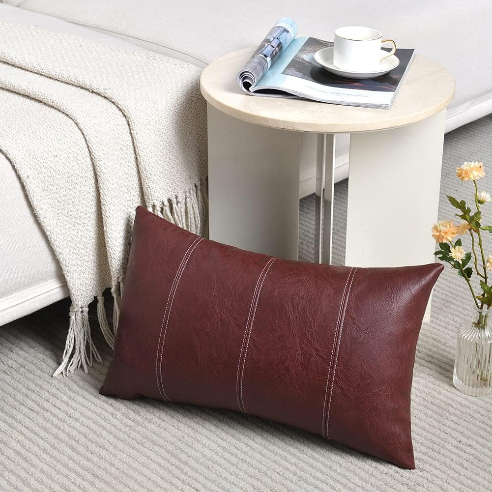 2 Packs Burgundy Lumbar Faux Leather Decorative Throw Pillow Covers 12X20 Inch