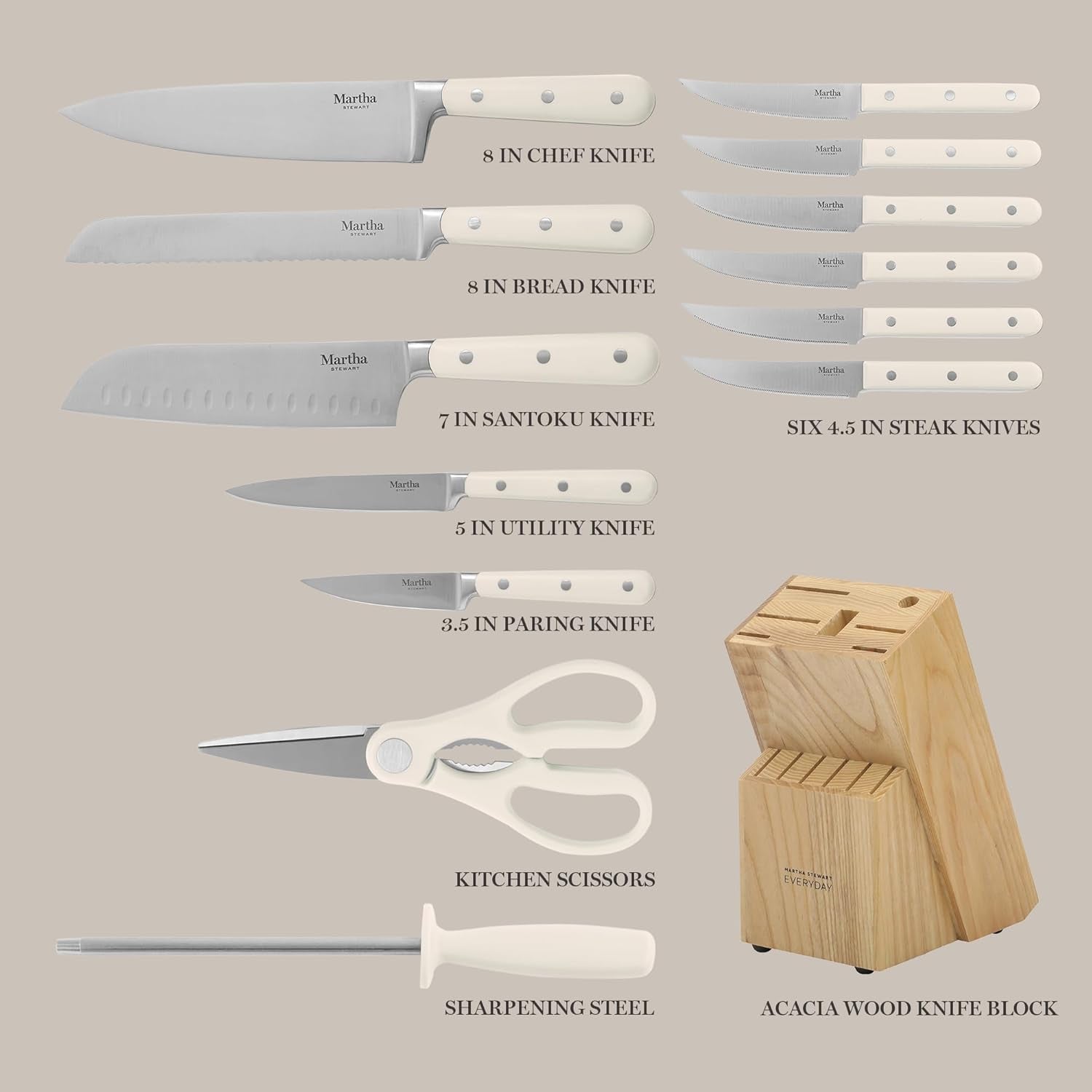 Eastwalk 14 Piece High Carbon Stainless Steel Cutlery Kitchen Knife Block Set W/Abs Triple Riveted Forged Handle Acacia Wood Block - Linen White