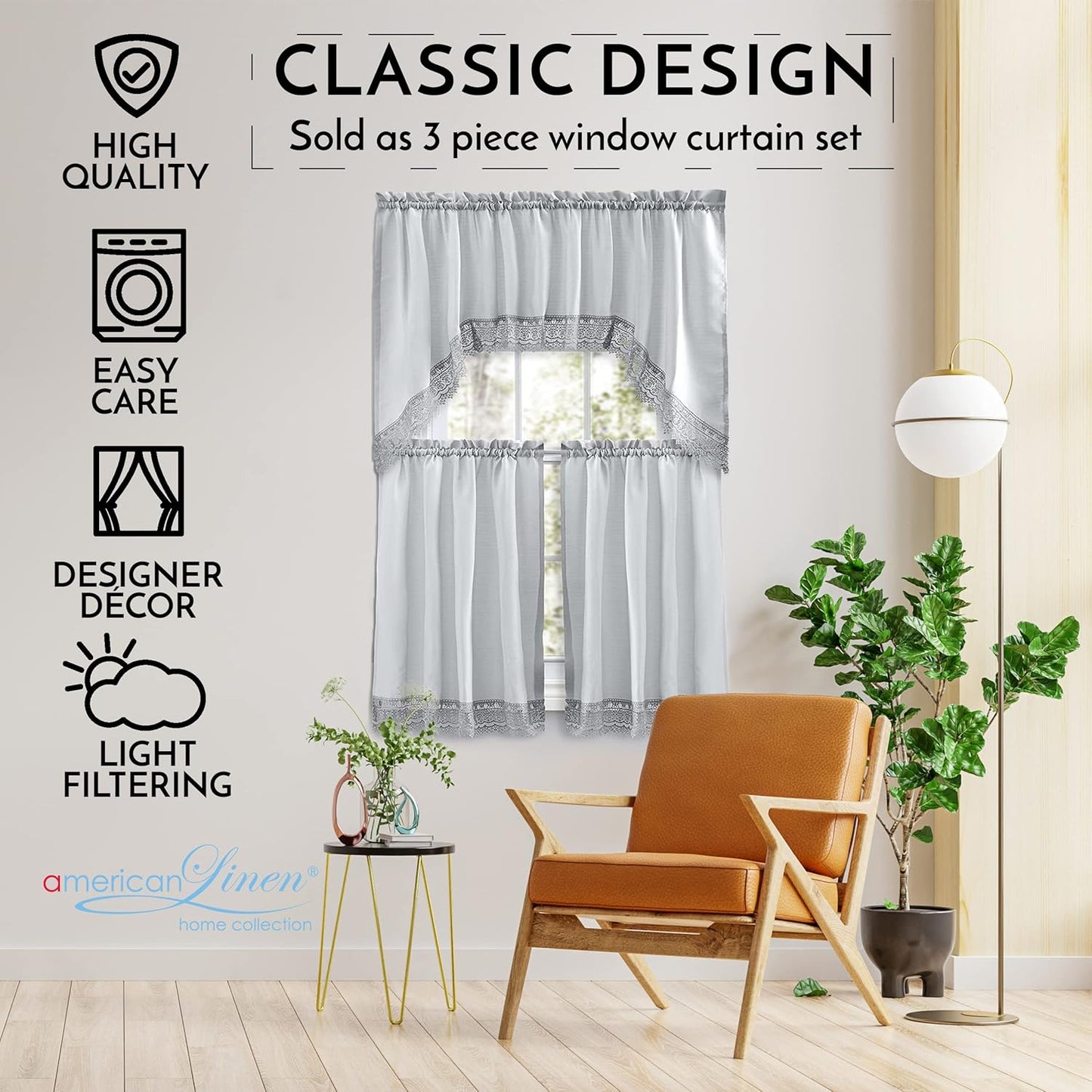Café Curtains for Kitchen, Curtains with Valance, Embroidered Lace Border. (Steele Gray)