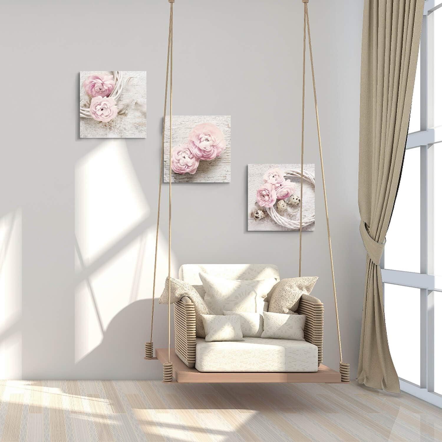 Floral Picture Canvas Wall Art: Pink Peony Flower Wreath Photographic Prints for Decor (12”X12”X3Pcs)