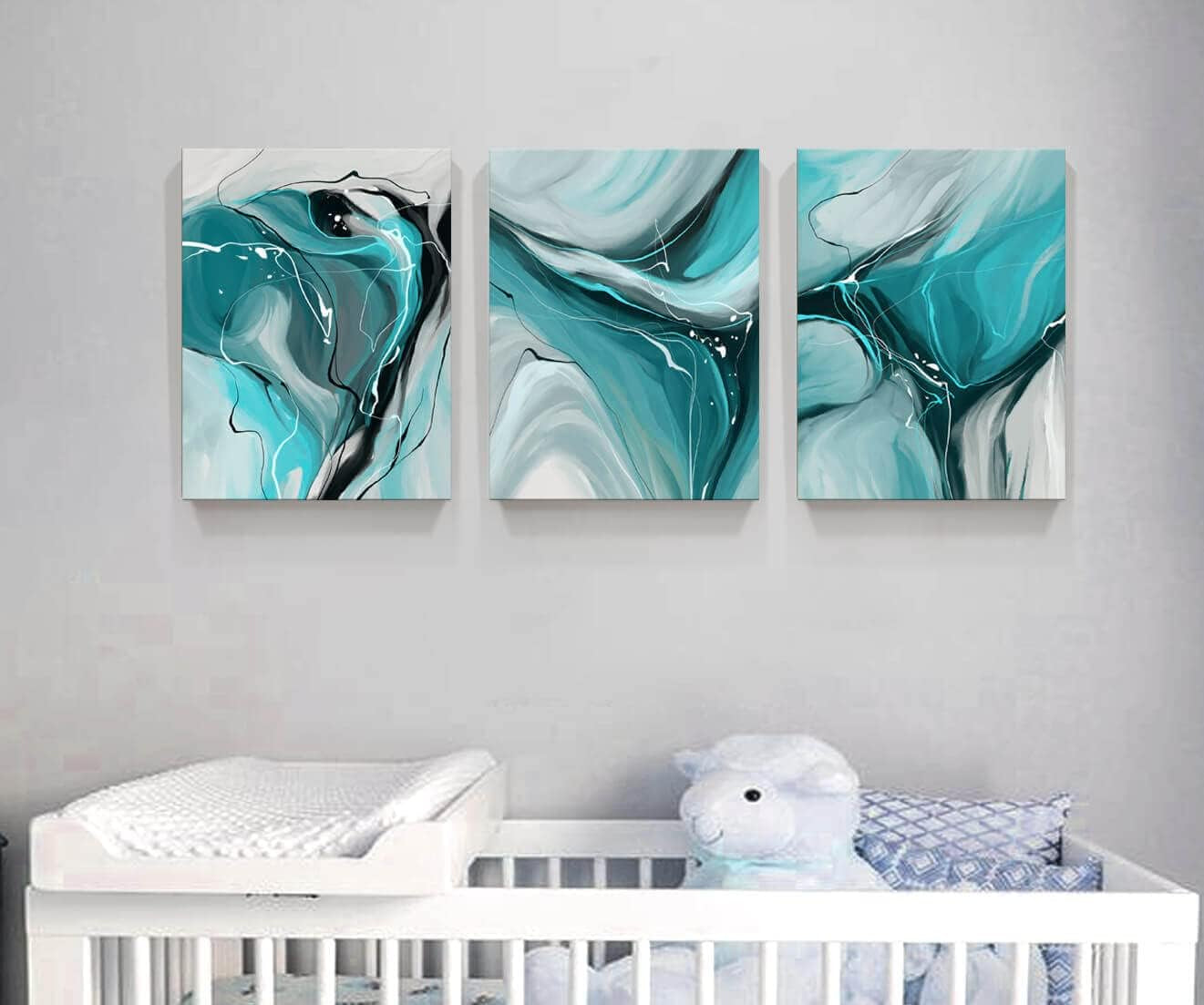Modern Abstract Wall Art Canvas Prints, 3-Piece Teal and Gray Fluid Art, Contemporary Home Decor Wall Art, 12X16 Inch/Set of 3