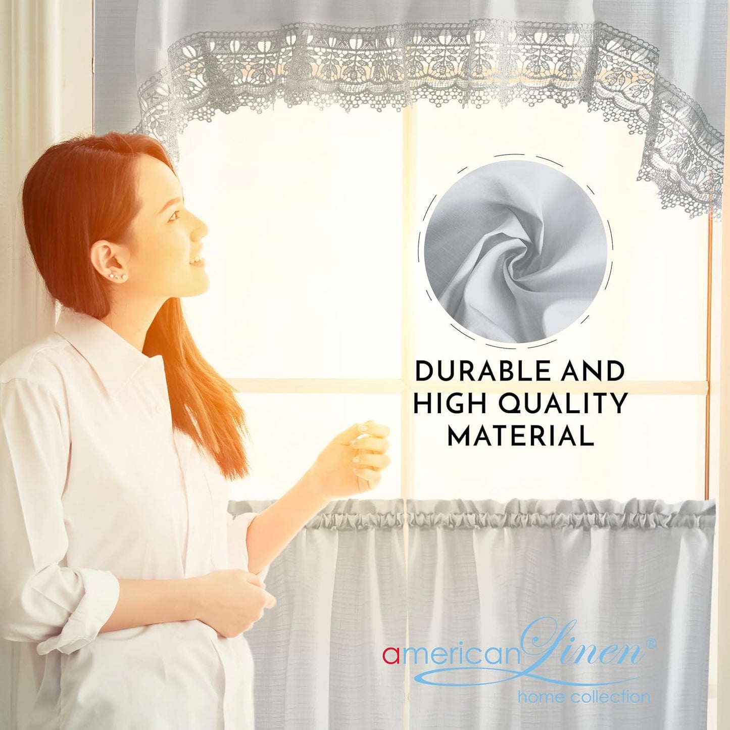 Café Curtains for Kitchen, Curtains with Valance, Embroidered Lace Border. (Steele Gray)