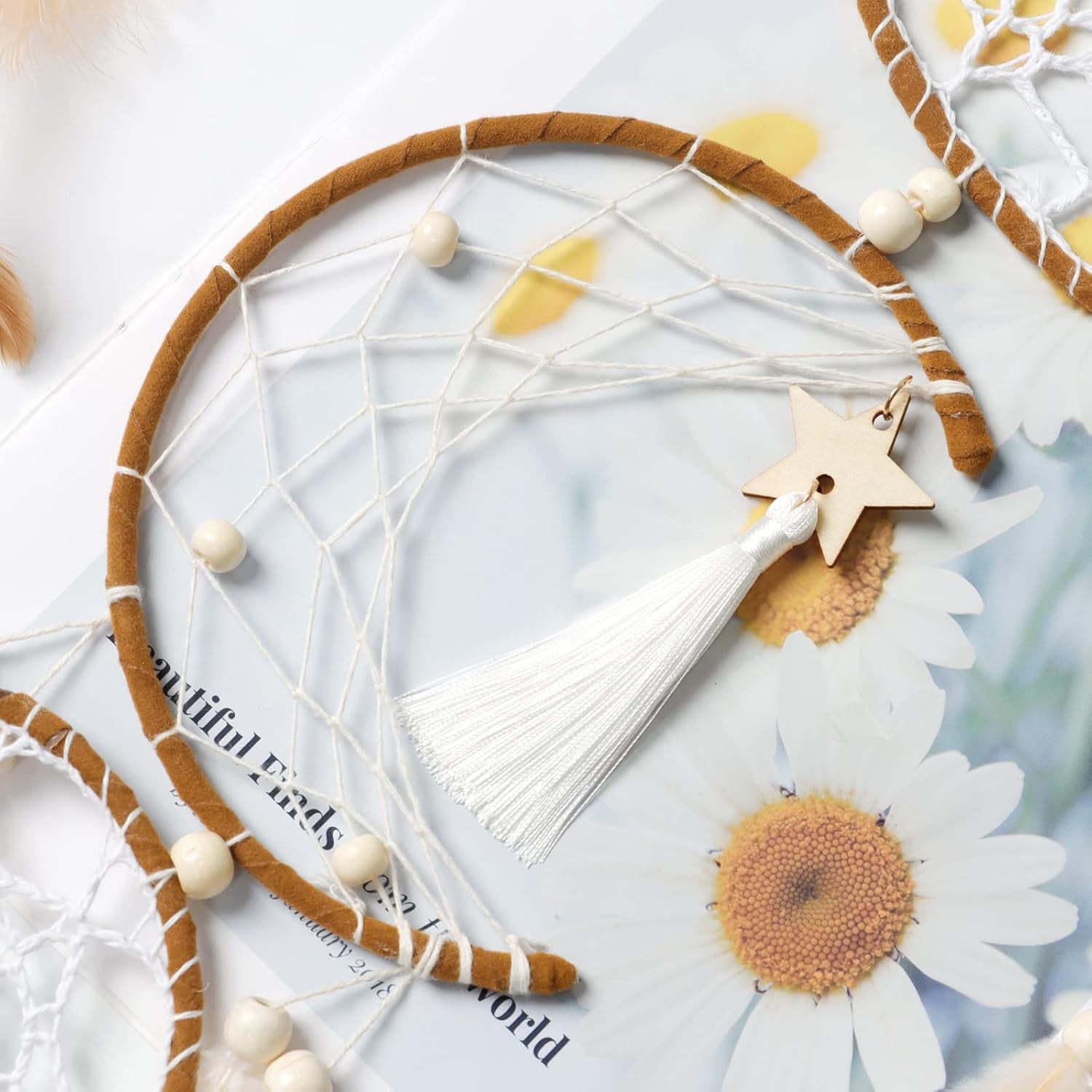 5 Pack Dream Catcher Moon and Sun Design Boho Wall Hanging Decor (Brown)