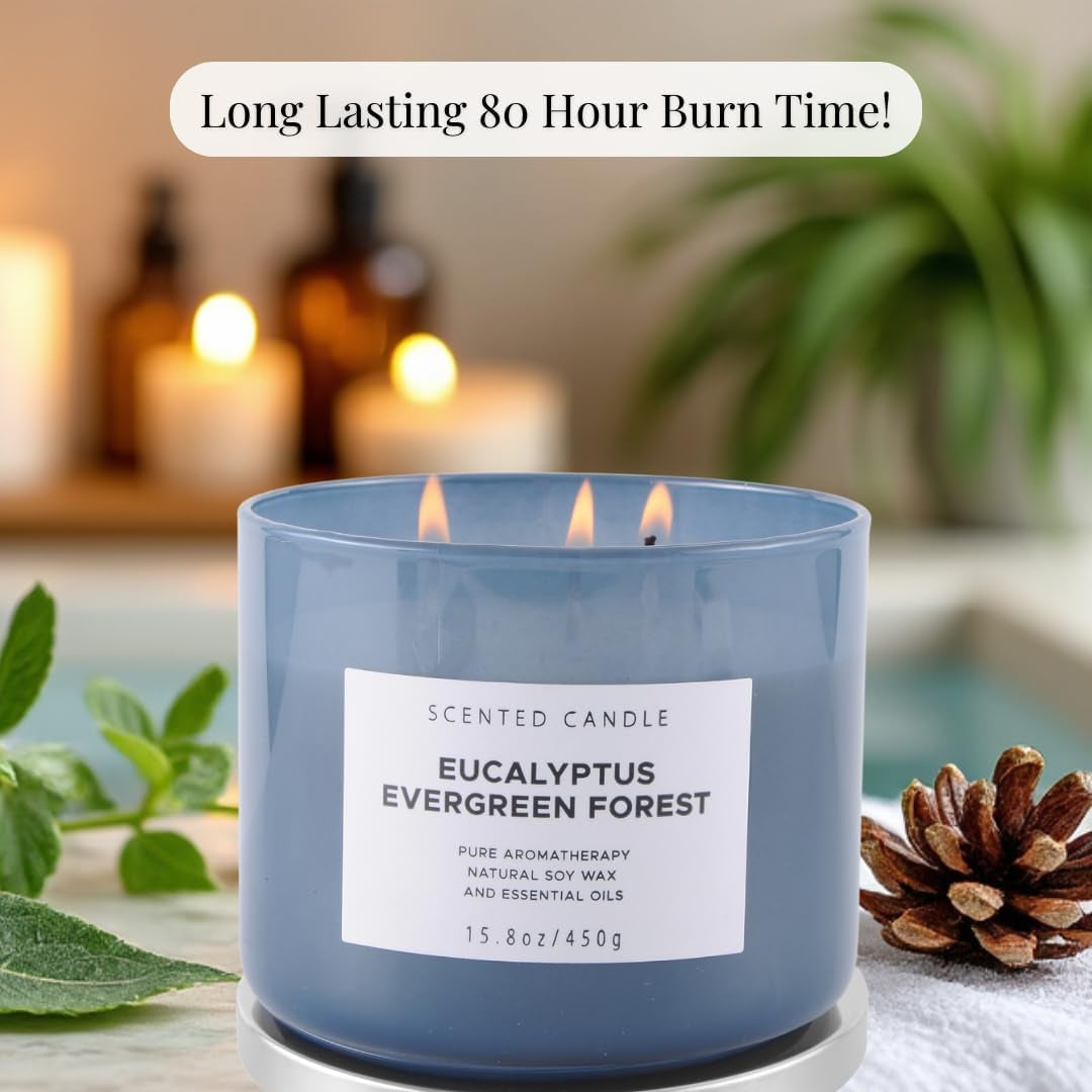 Eucalyptus Evergreen Forest Luxury 3 Wick Winter Pine Candle,15.8 Oz