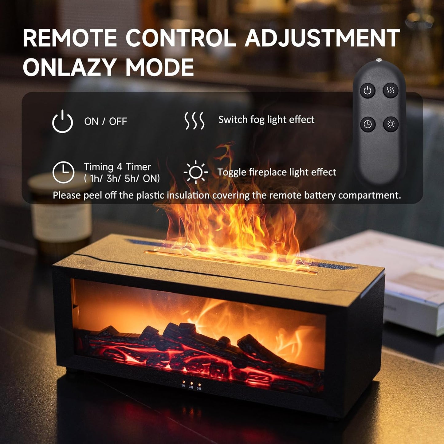 Fireplace Flame Air Diffuser Humidifier,7 Colors Aromatherapy Essential Oil Diffuser (Black, L)