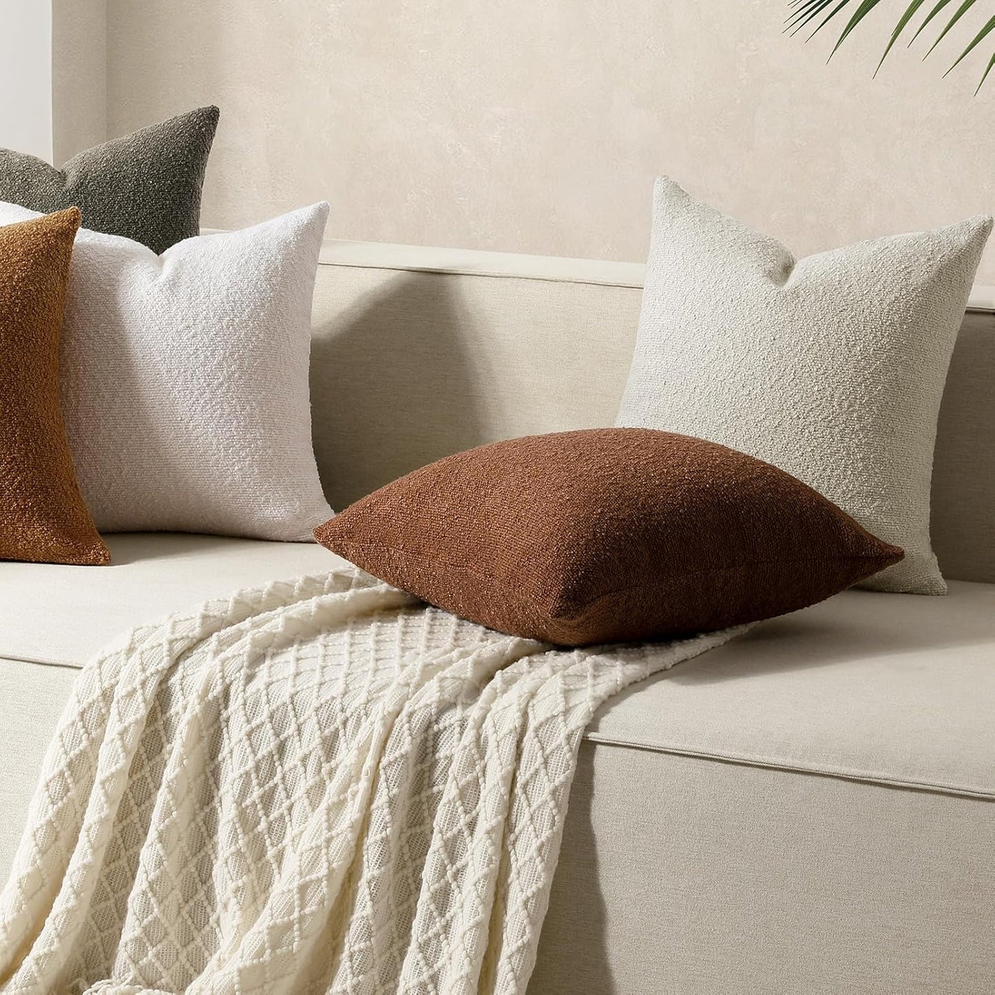 Throw Pillow Covers 20 X 20 Inch, Set of 2, Decorative Soft Solid Boucle Textured Pillow Cover, Beige