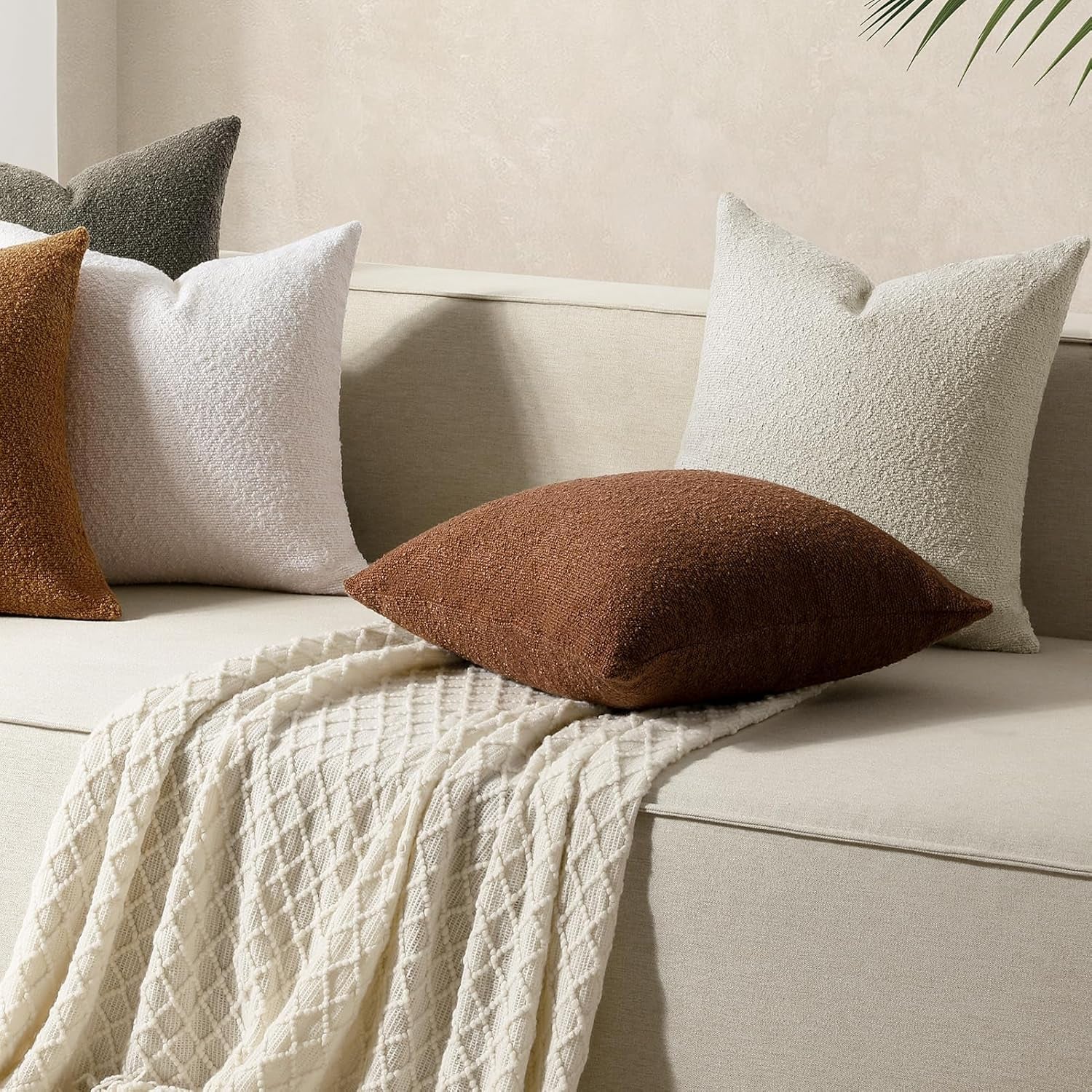 Throw Pillow Covers 20 X 20 Inch, Set of 2, Decorative Soft Solid Boucle Textured Pillow Cover, Beige