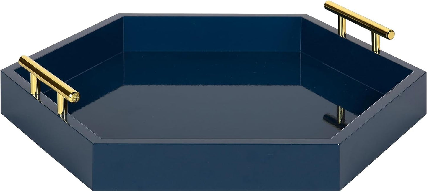 Lipton Hexagon Decorative Tray with Polished Metal Handles, Navy Blue and Gold