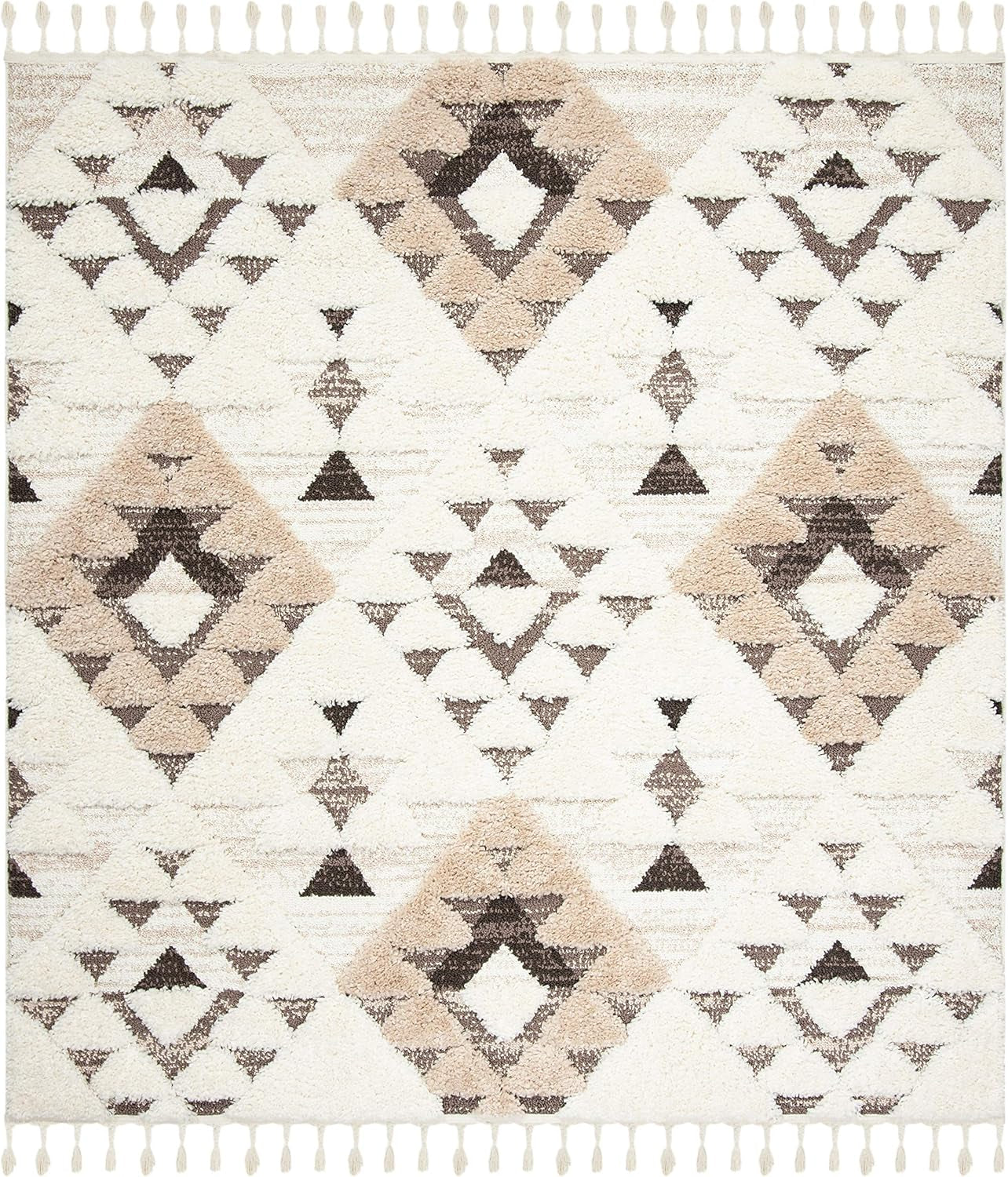 Moroccan Tassel Shag Collection Area Rug - 6'7" Square, Ivory & Brown, Boho Design, Non-Shedding & Easy Care (MTS688A)