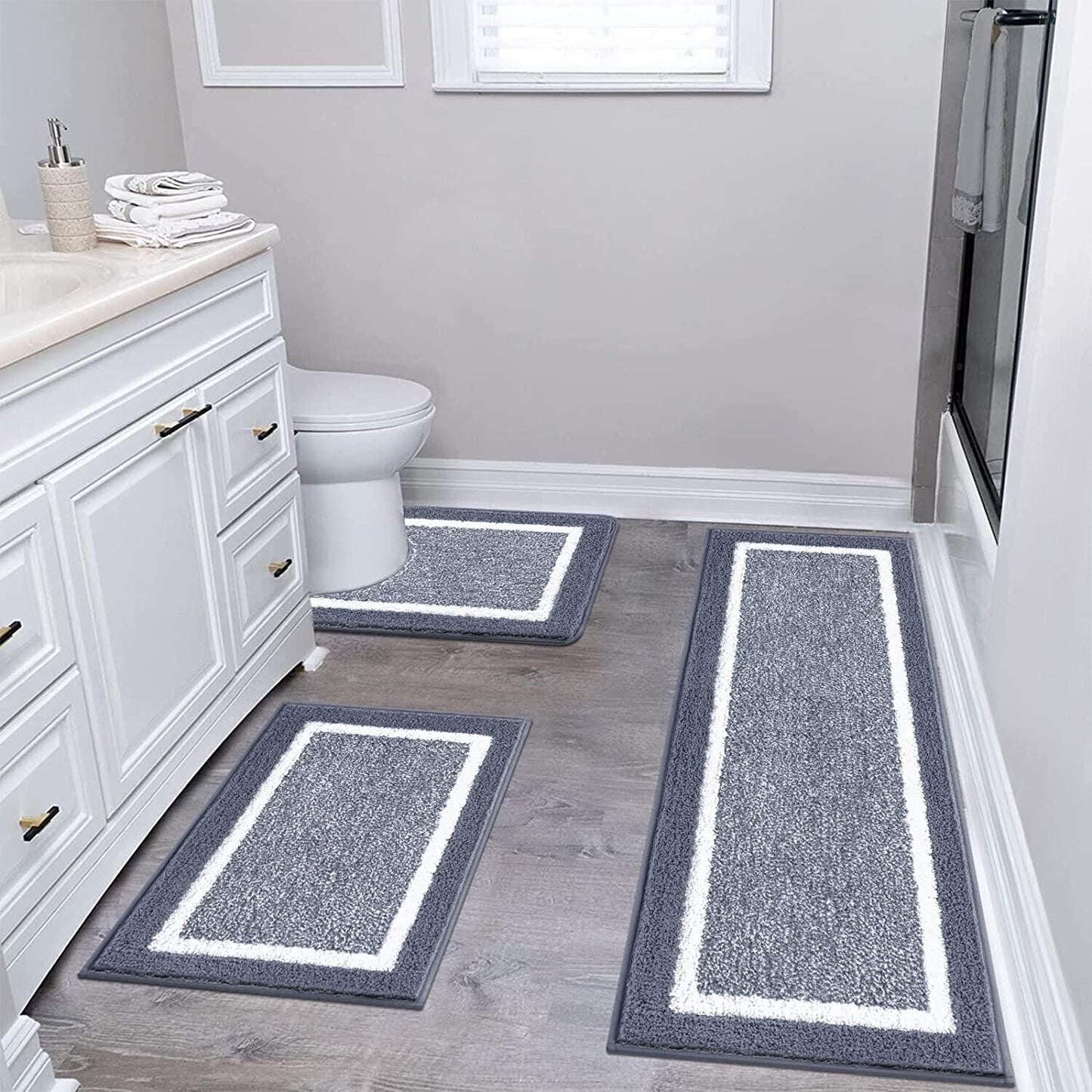 Bathroom Rug Mat Set, 3 Piece, Dark Grey