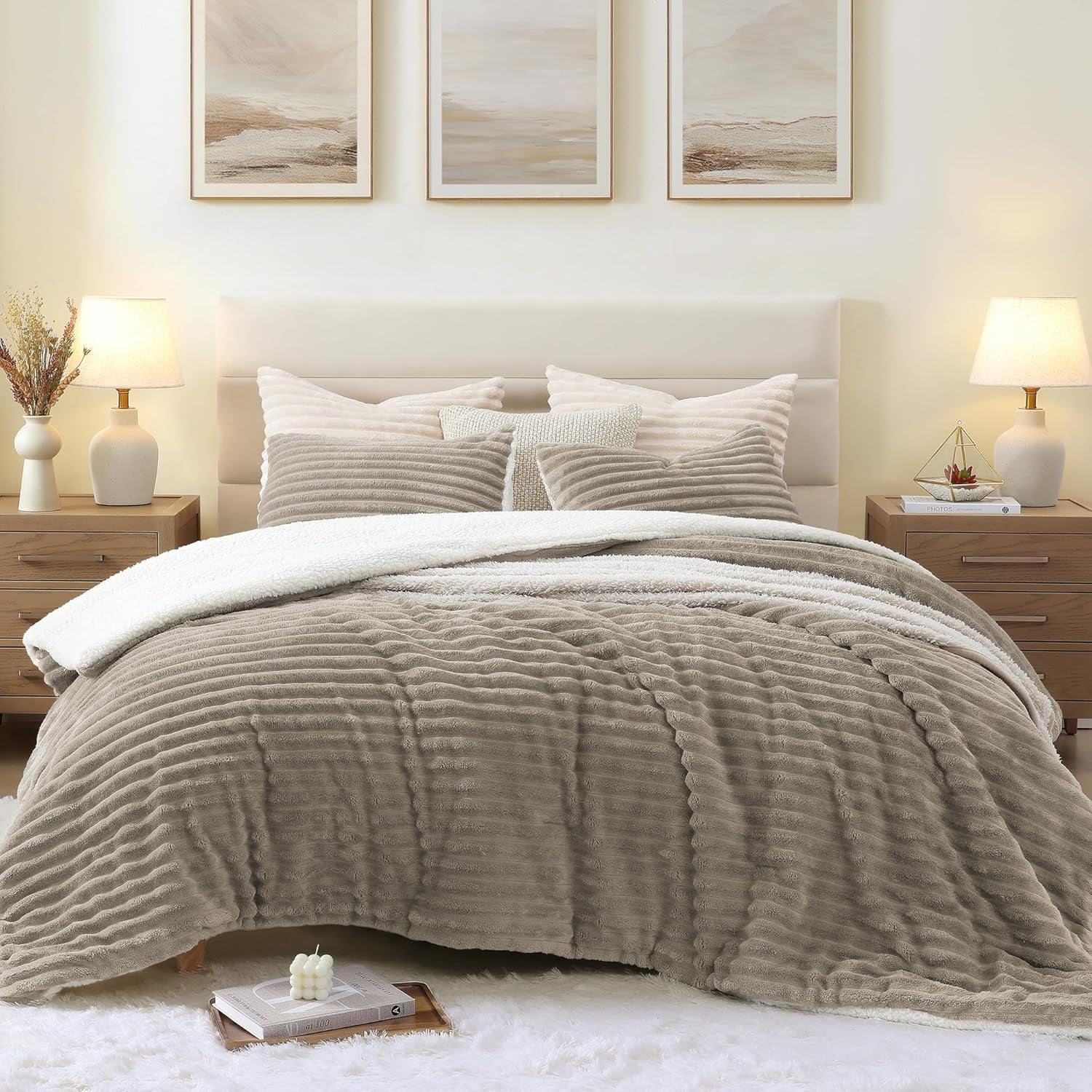 Twin Sherpa Comforter Set with 1 Pillow Sham, Reversible 2-Piece Bed Set (Taupe, 66'' X 86'')