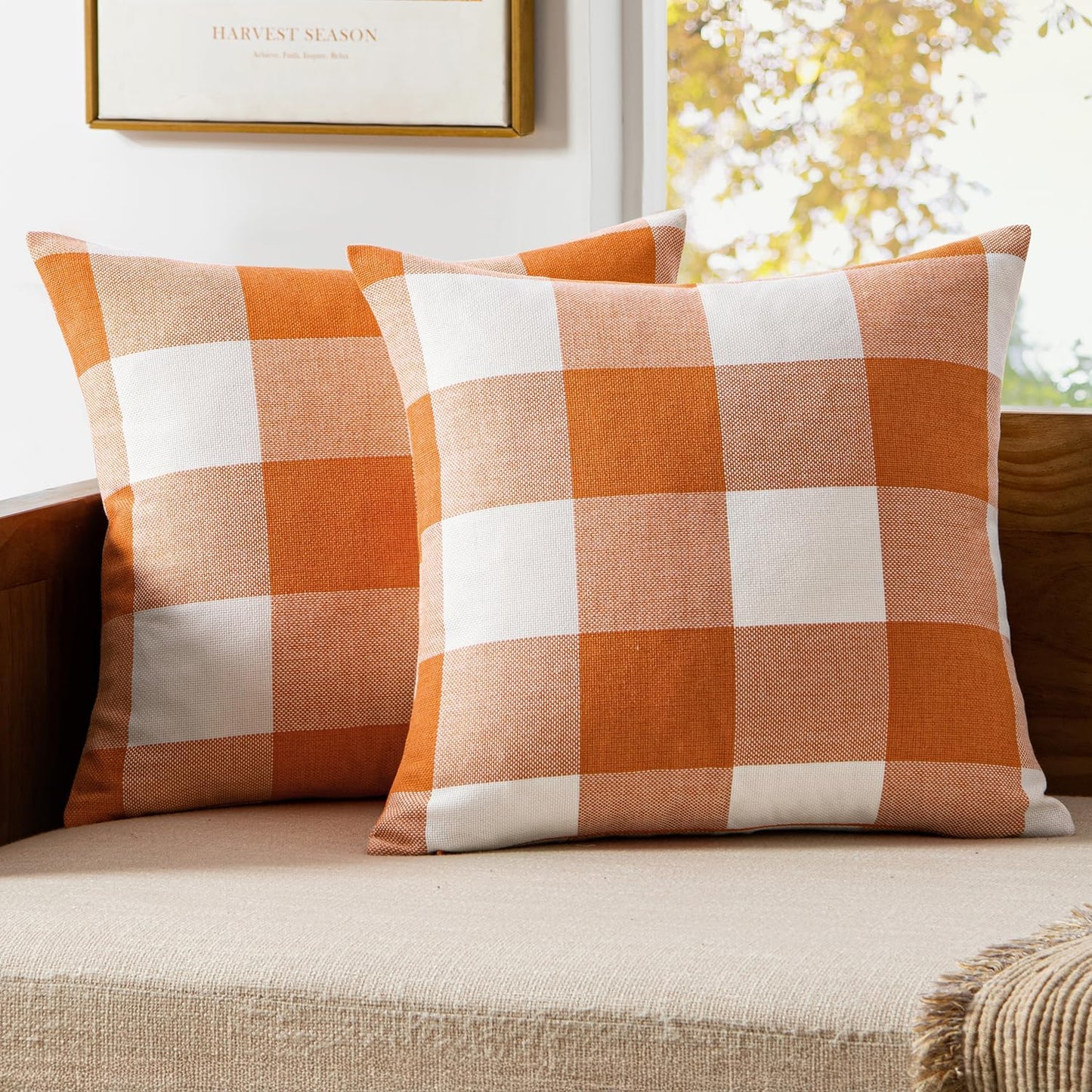 Pack of 2 Fall Throw Pillow Covers Decorative Classic Farmhouse Orange and White 20 X 20 Inch