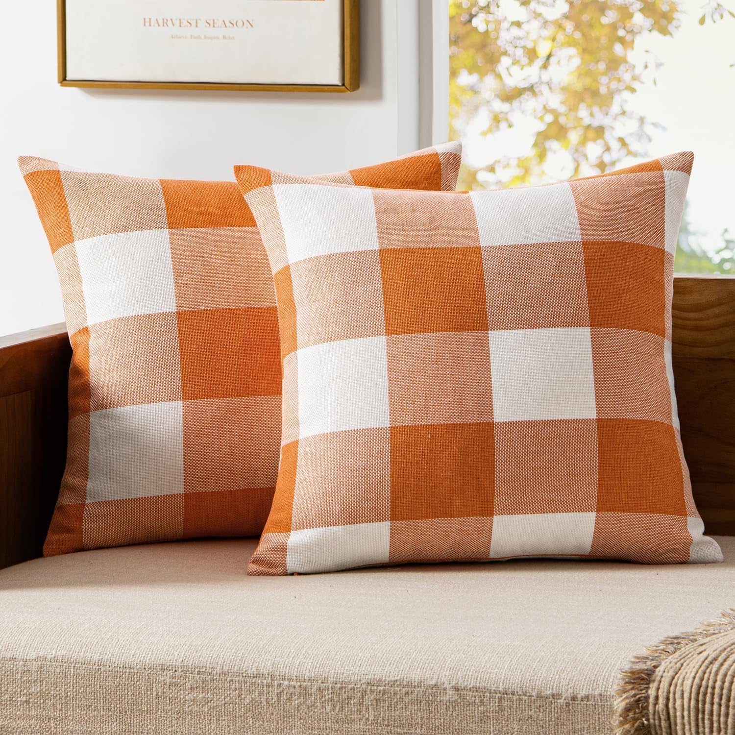 Pack of 2 Fall Throw Pillow Covers Decorative Classic Farmhouse Orange and White 20 X 20 Inch