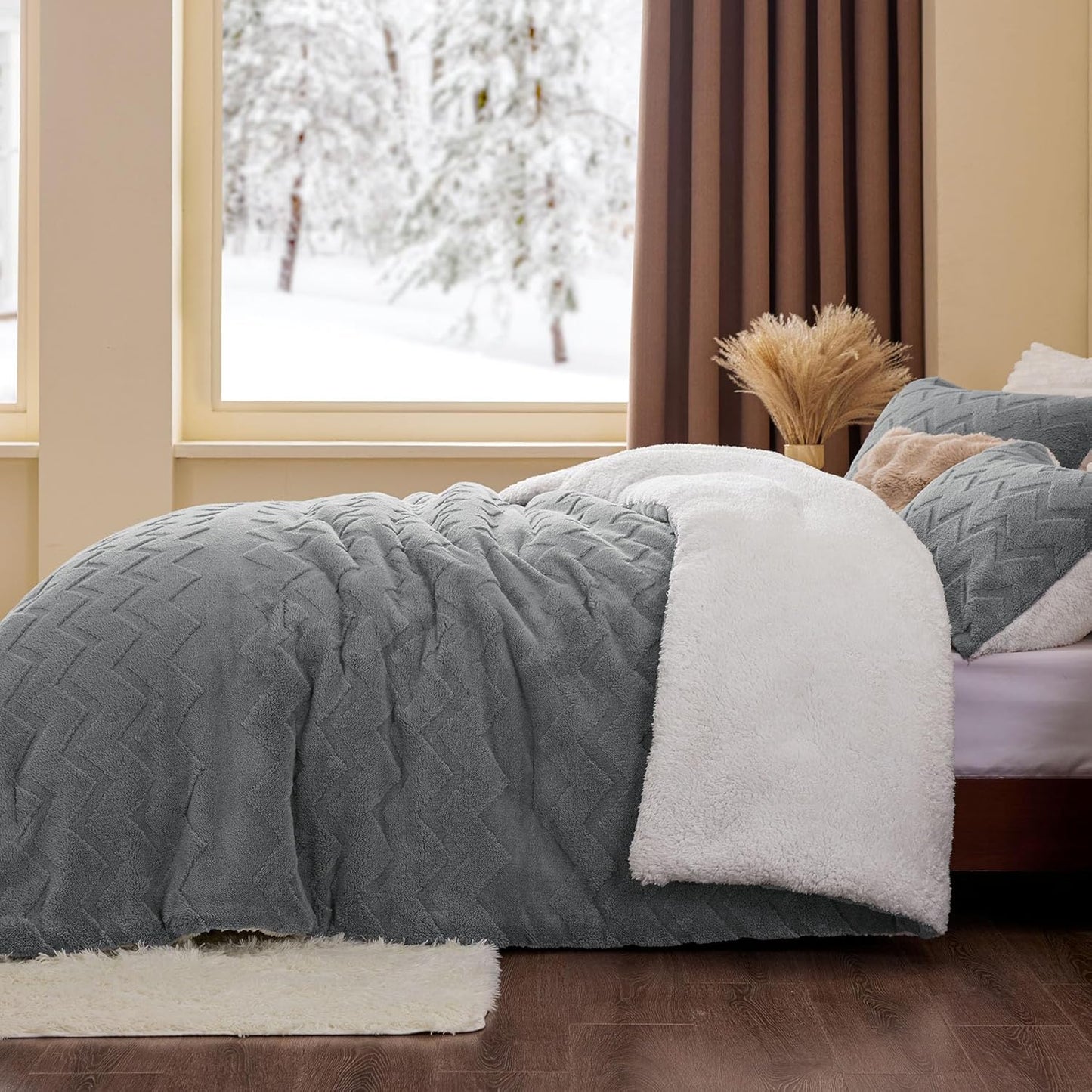 Fluffy Twin Comforter Set - Super Soft Sherpa Grey Comforter for Twin Size Bed, Luxury Warm Bedding Set for Winter, Fuzzy Bed Set 2 Piece (1 Comforter, 1 Pillowcase)