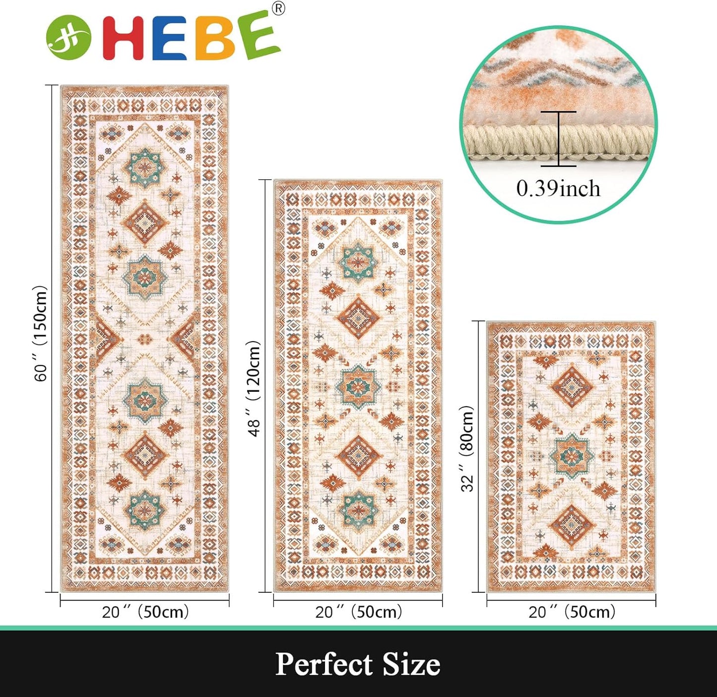 HEBE Boho Kitchen Rug Sets, 3 Piece with Runner, Non-Slip