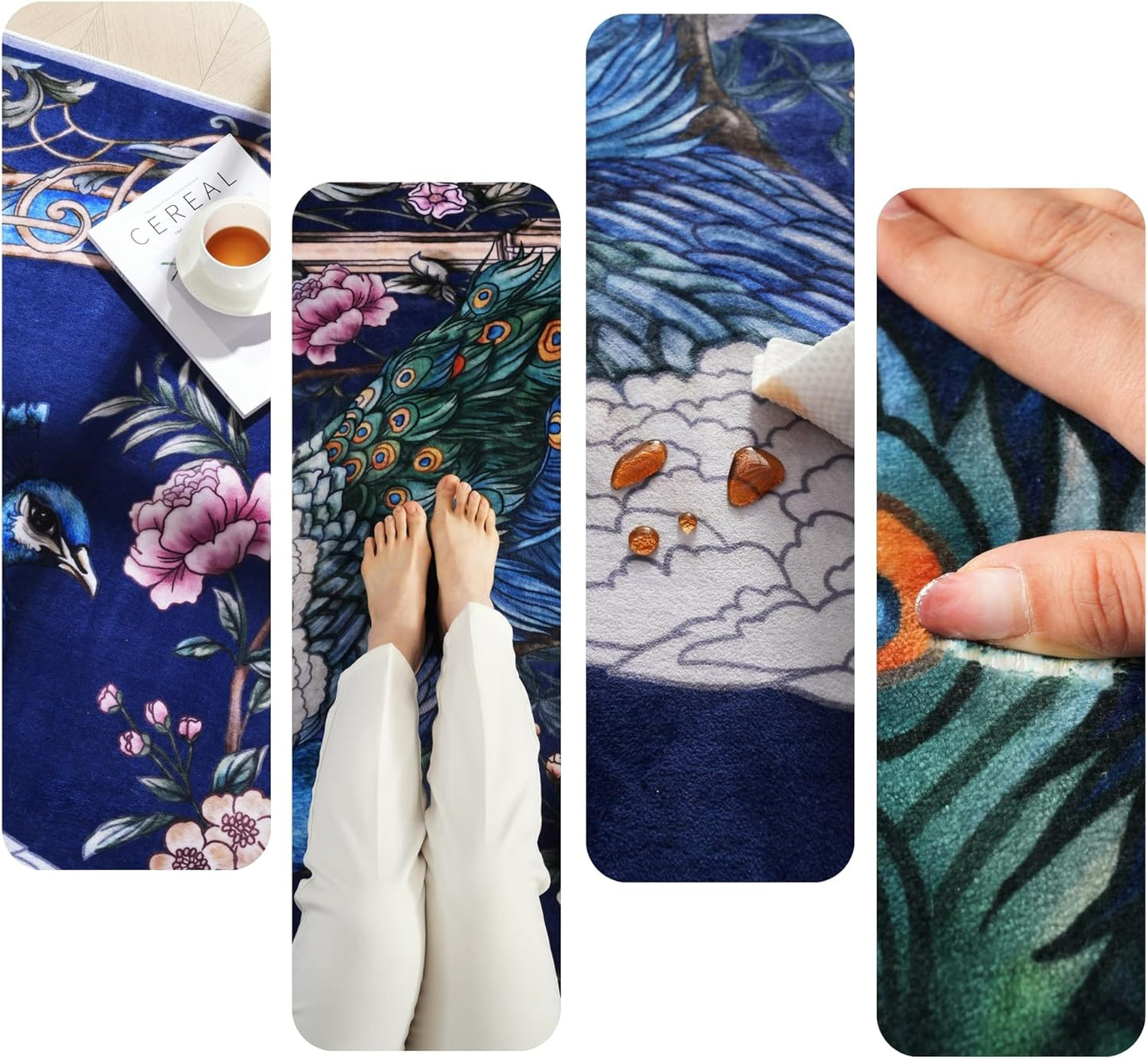 Round Rug 4Ft Washable Circle Rug Non-Slip, Floral Peacock (Cobalt Blue)