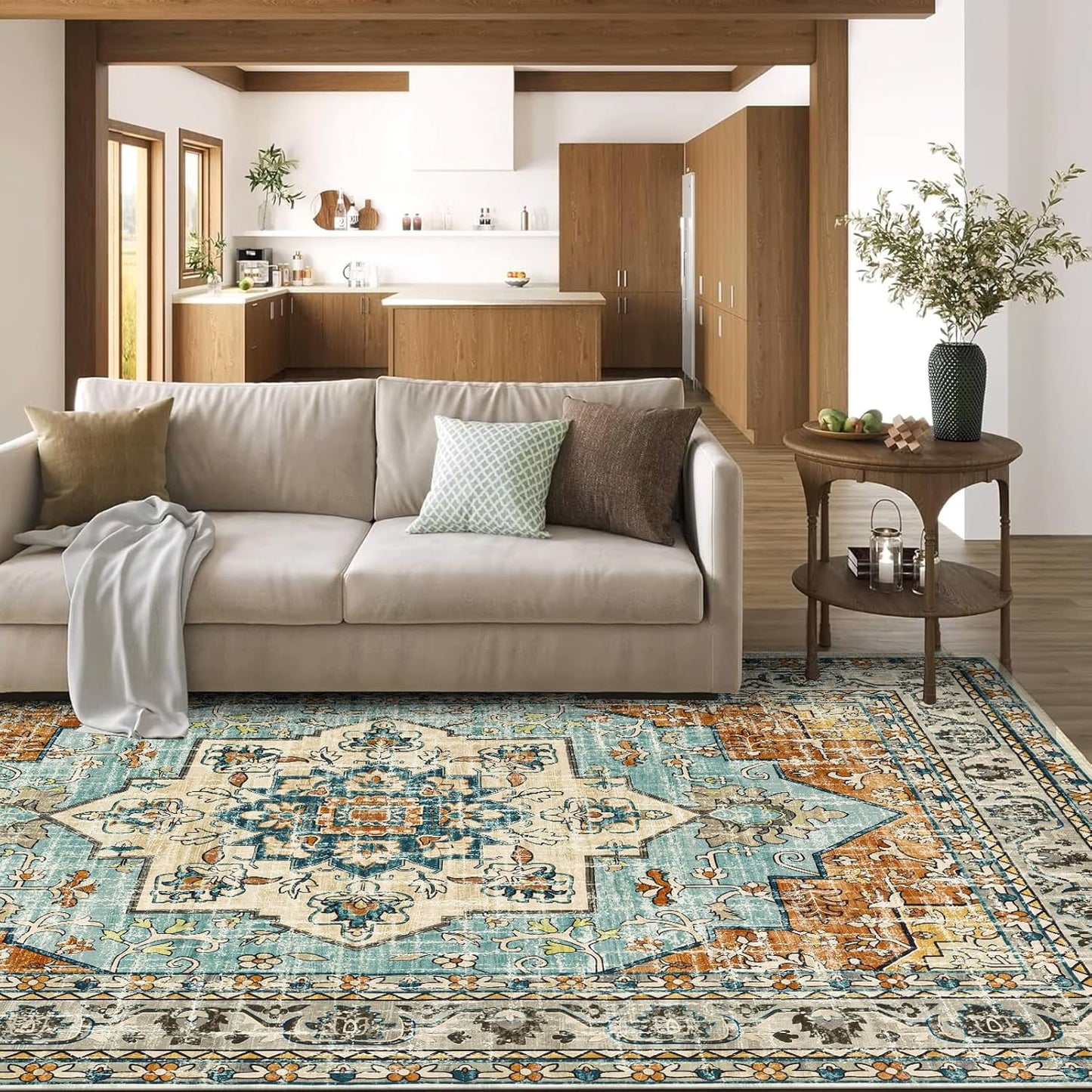 6X9 Area Rugs for Living Room,Non-Slip Soft Washable Rug with Vintage Medallion Pattern, , Orange Blue