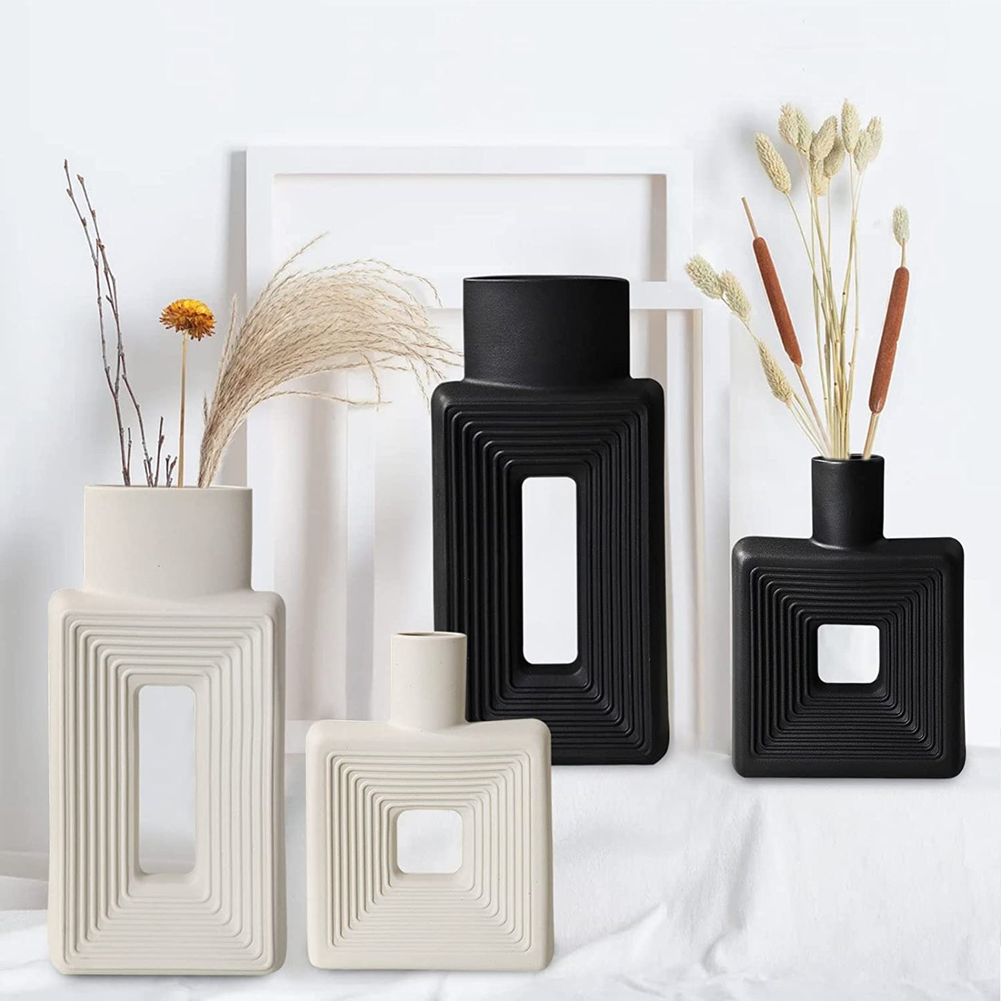White Ceramic Vase Set of 2,Square Vase Rustic Home Decor Minimalist Nordic Boho Style for Living Room, Shelf, Table, Bookshelf, Mantel and Entryway Decor Vases