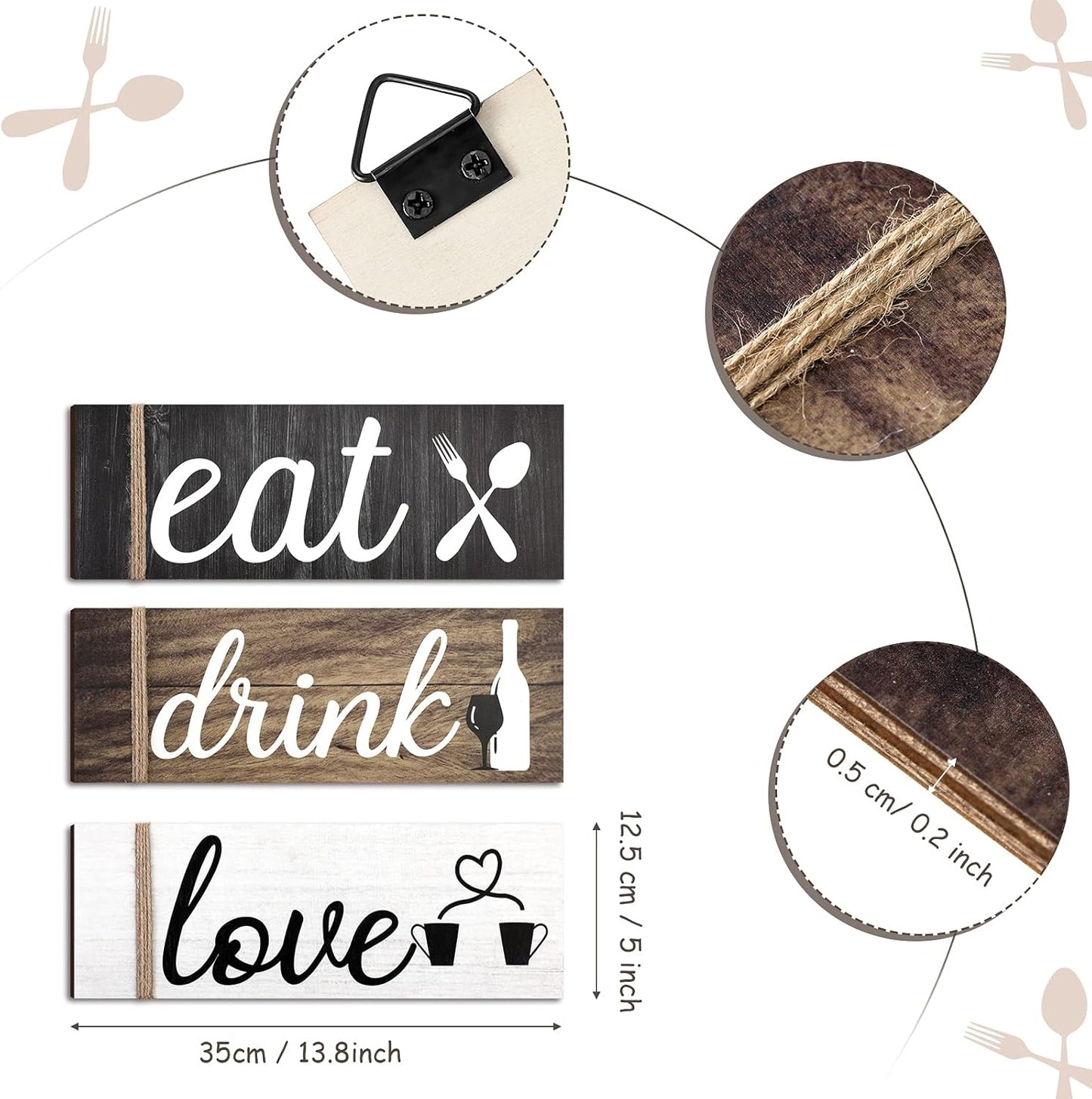 3 Pcs Farmhouse Kitchen Wall Decor Rustic Wooden Home Eat Drink Love Sign with Hanging Hole (Vivid Color)