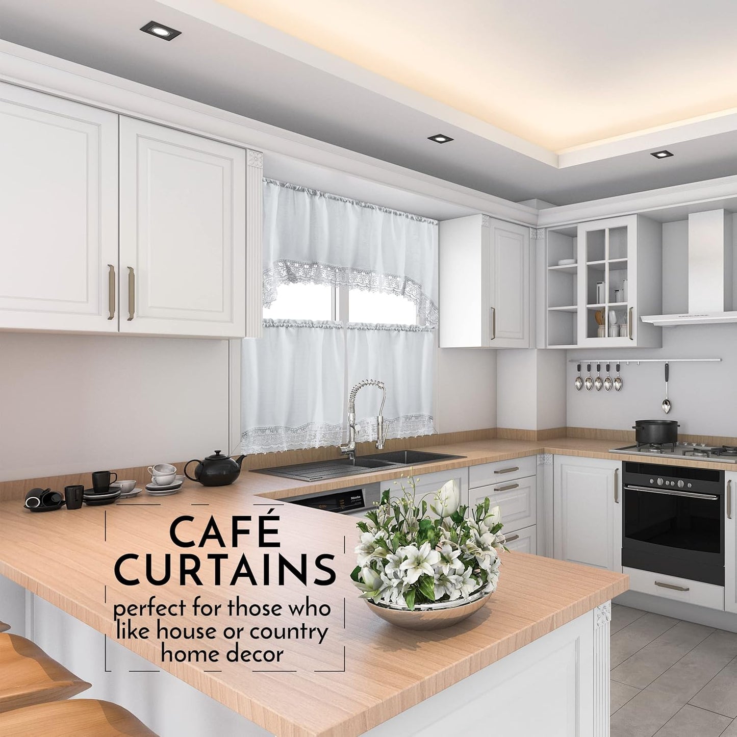 Café Curtains for Kitchen, Curtains with Valance, Embroidered Lace Border. (Steele Gray)