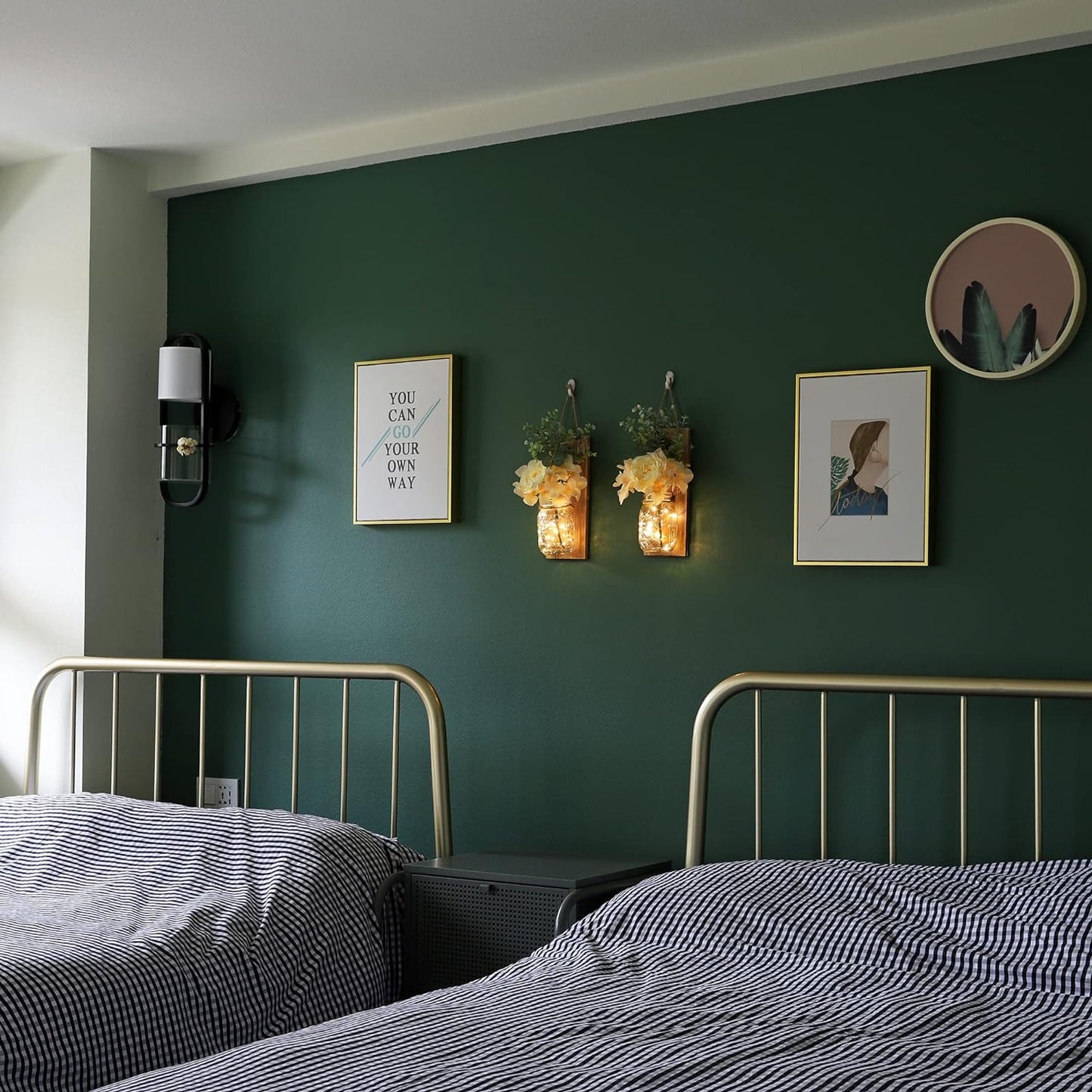 Rustic Wall Decor, Mason Jars Wall Sconces with Remote LED Lights, Hanging Kitchen Bathroom Bedroom Decor (Set of 2) - Dark Brown