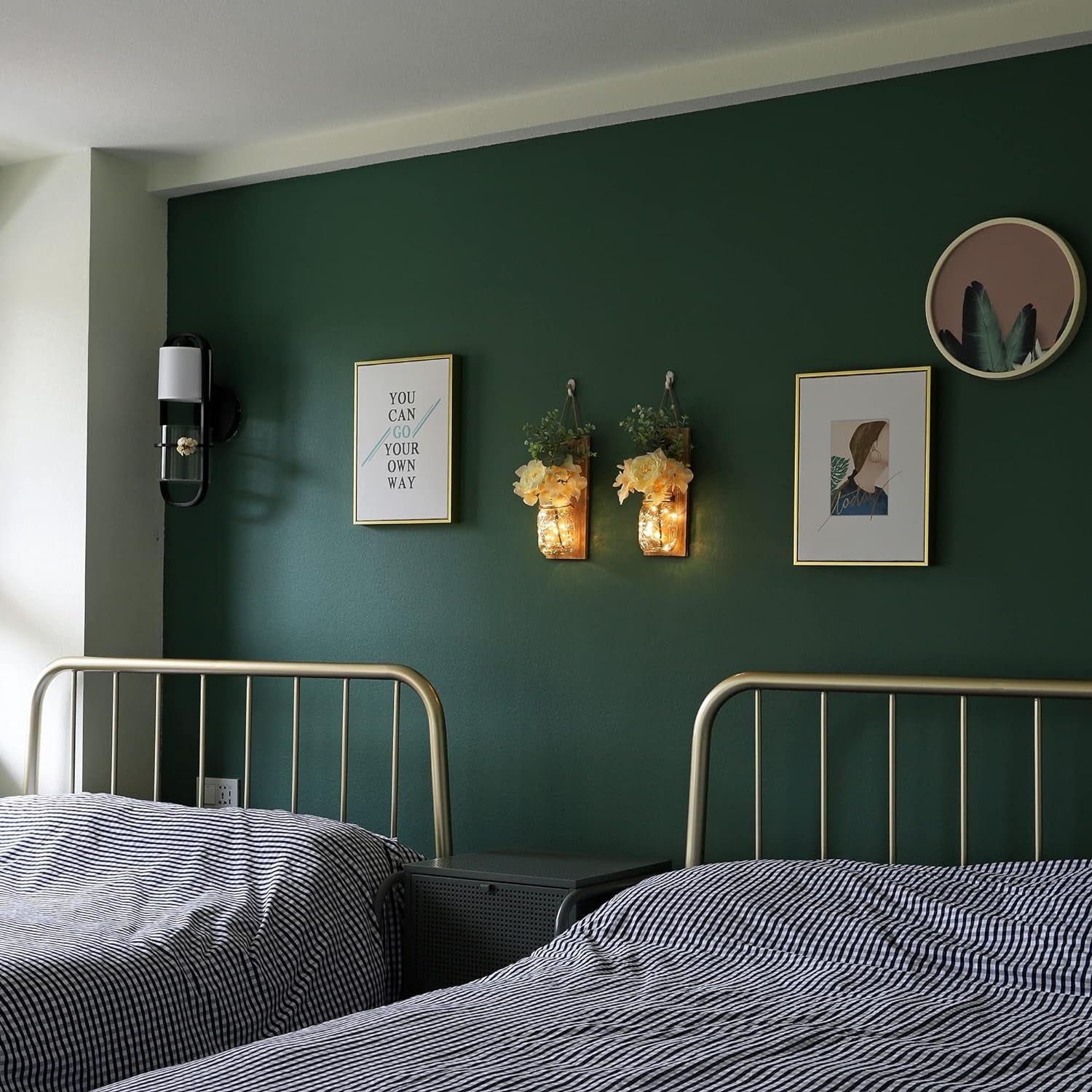 Rustic Wall Decor, Mason Jars Wall Sconces with Remote LED Lights, Hanging Kitchen Bathroom Bedroom Decor (Set of 2) - Dark Brown