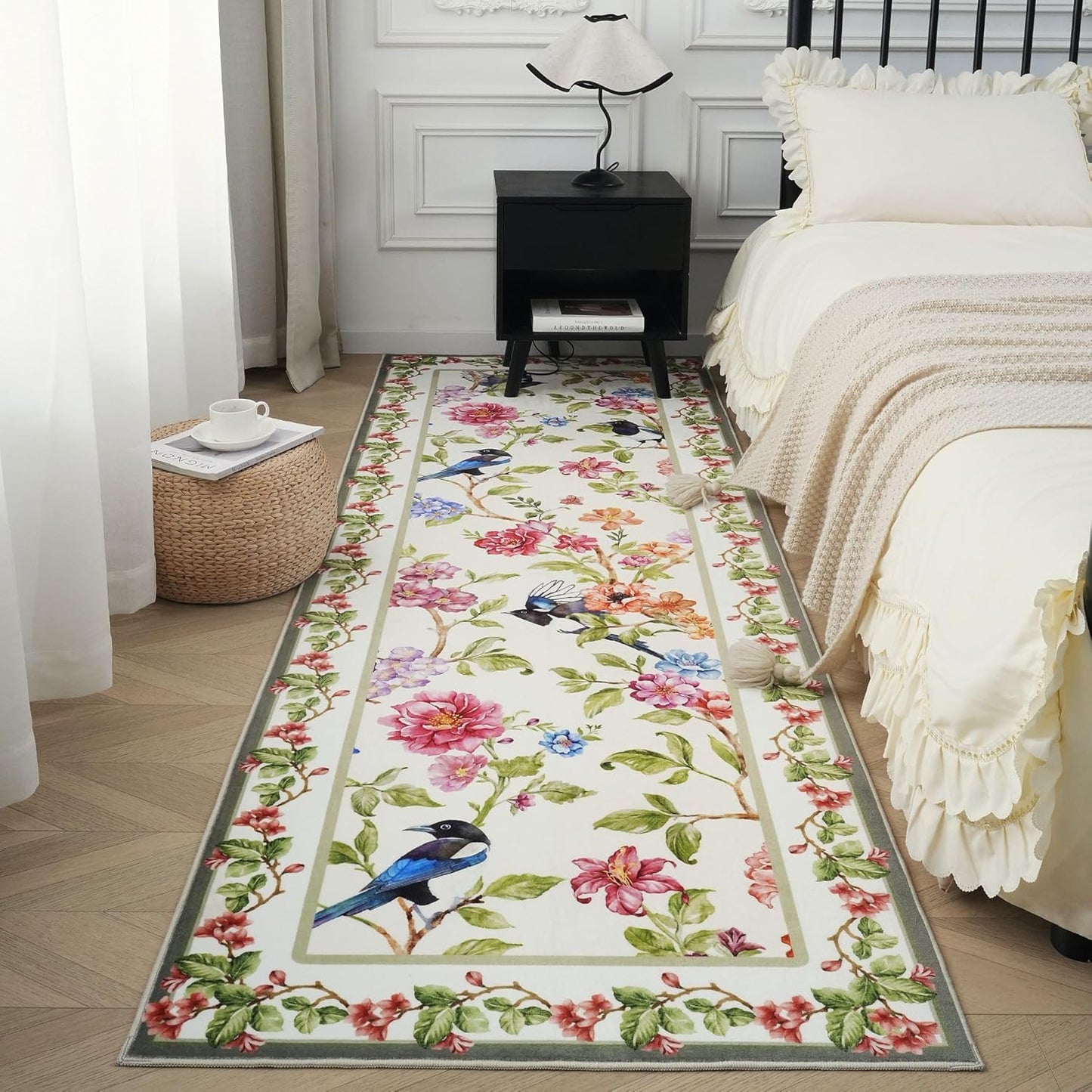 Runner Rug Non-Slip 2'X10' Long Washable with Rubber Backing, Soft Floral Bird Magpies Animal Carpet (White)