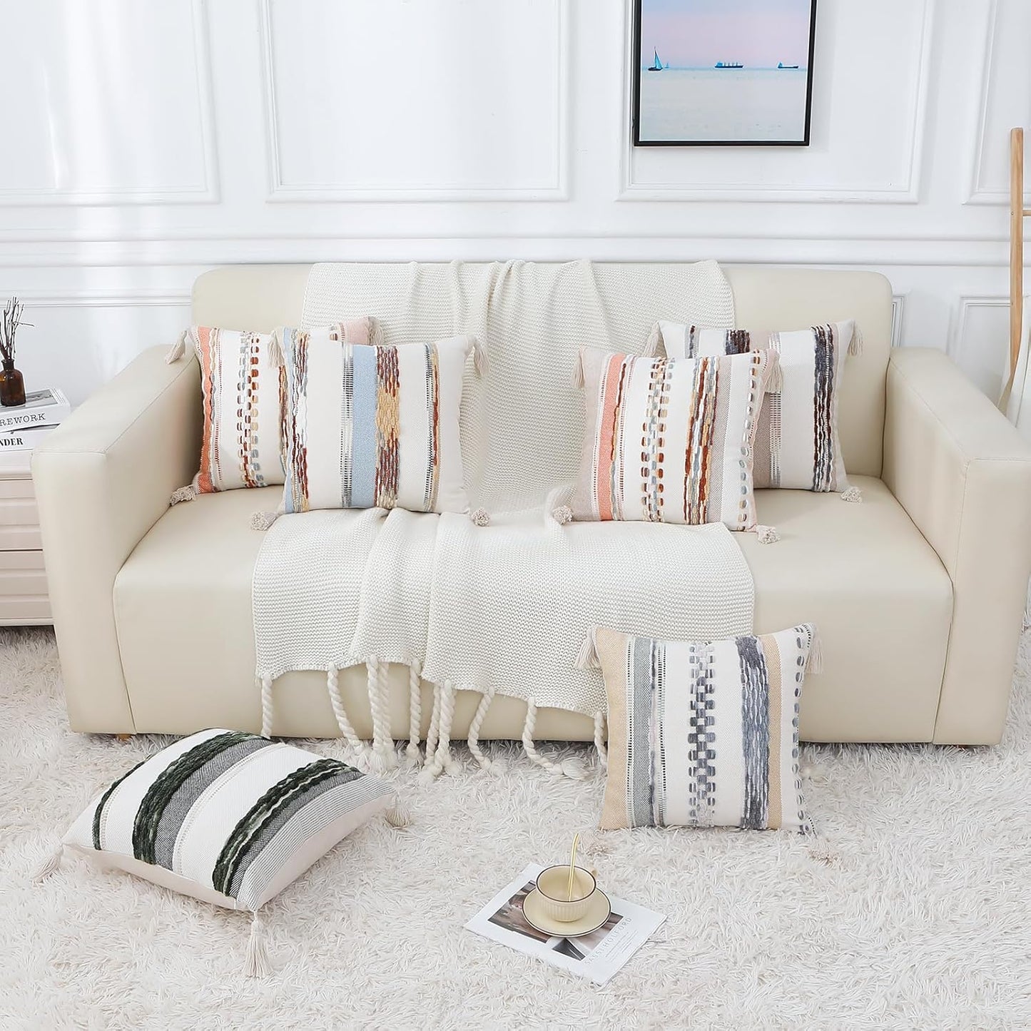 Boho Decorative Throw Pillow Covers 18X18 Set of 2, Cream White and Khaki
