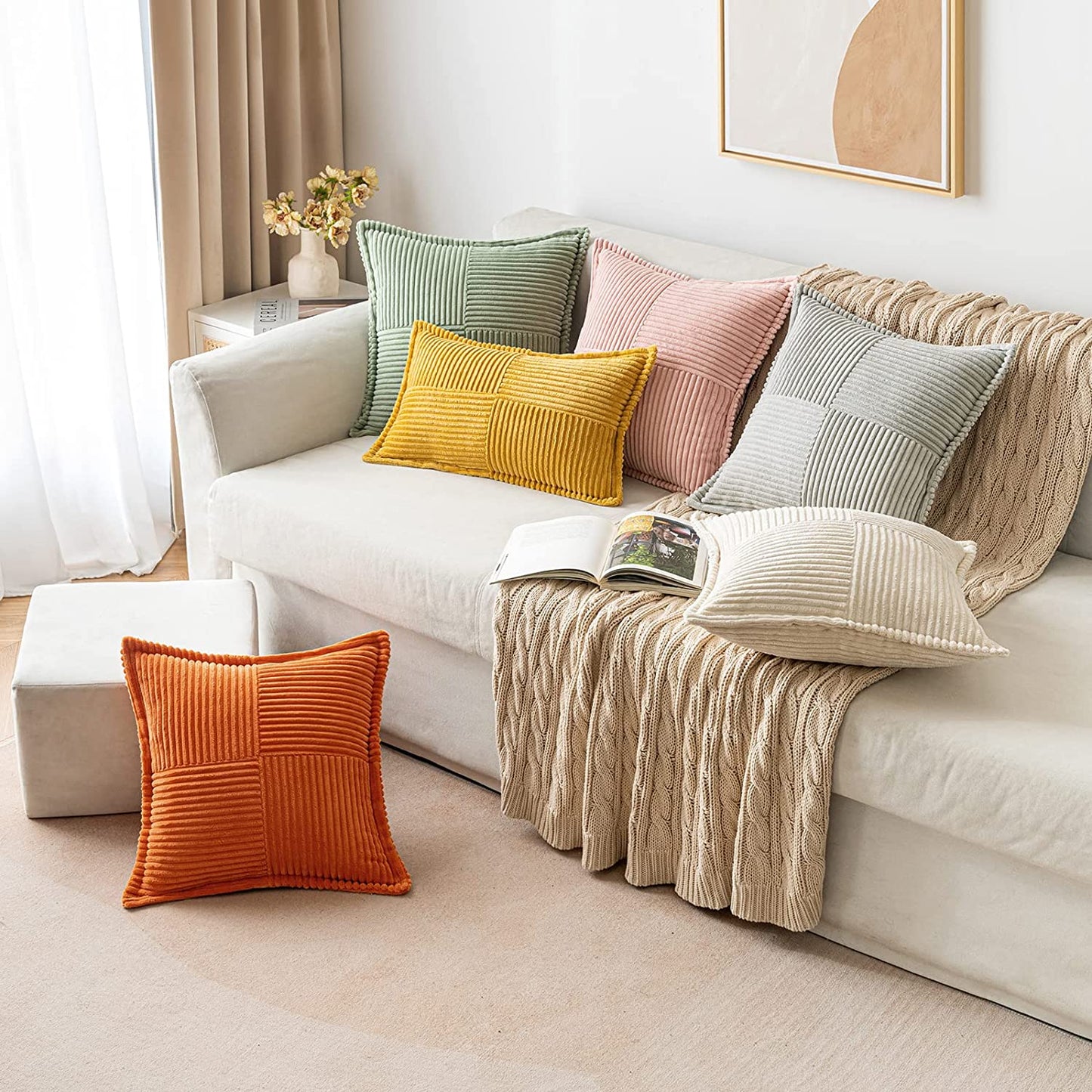 Corduroy Pillow Covers with Splicing Set of 2,18X18 Inch, Beige