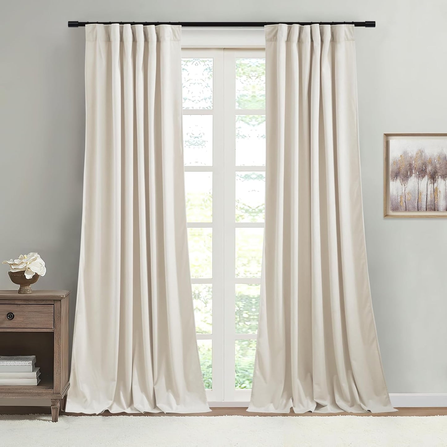Beige Velvet Curtains, Elegant, Privacy Thermal, W52 X L84 Inches, 2 Panels