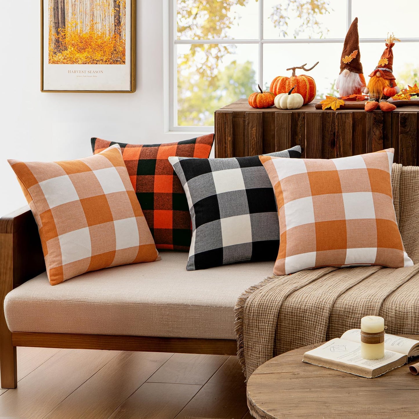 Pack of 2 Fall Throw Pillow Covers Decorative Classic Farmhouse Orange and White 20 X 20 Inch