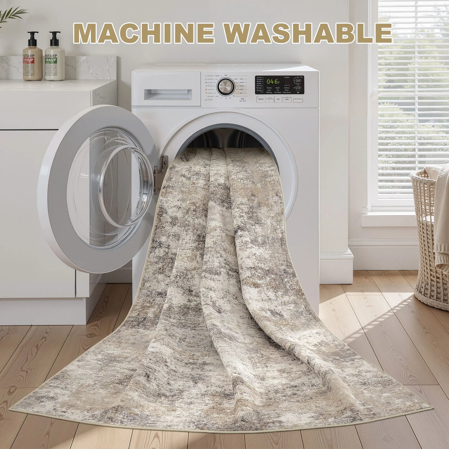 5'X5' round Washable Area Rugs for Living Room, Modern Abstract Printed Rug, Gold Brown