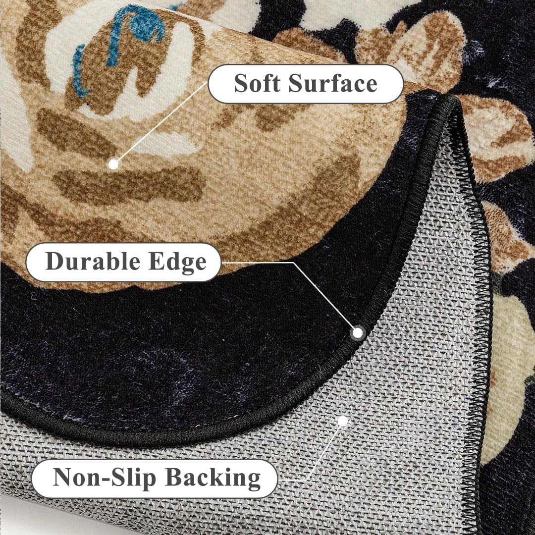 Washable Floral Area Rug 5X7 Black Living Room Carpet Scalloped Flower Non-Slip