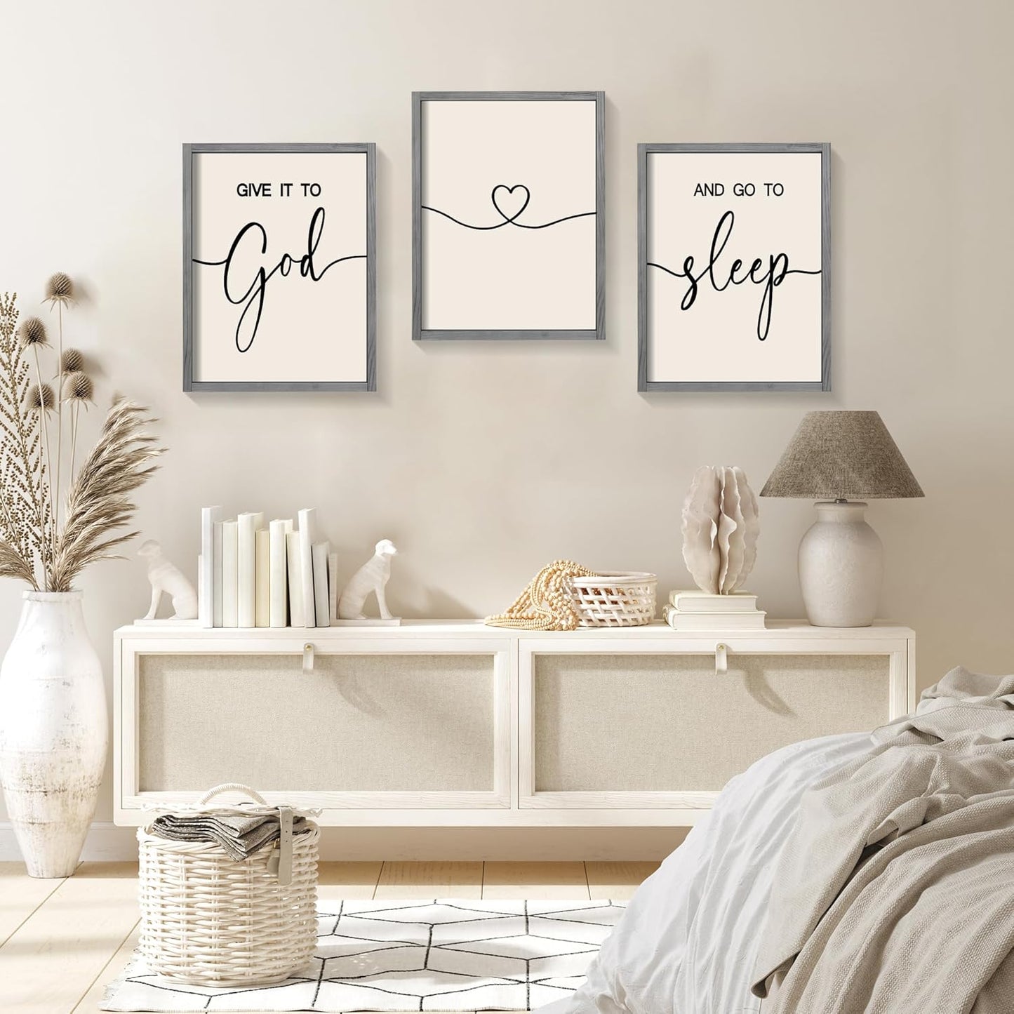 Give It to God and Go to Sleep Sign Set of 3 Wall Decor, Wood Framed (Gray, 11”X14”)