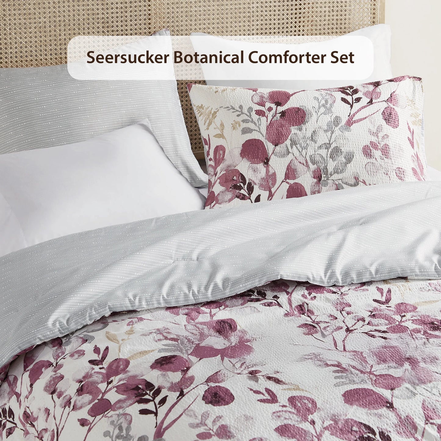 Full/Queen Comforter Sets, Reversible Seersucker Floral Bedding Sets, 3 Piece Lightweight Purple Botanical Flowers Comforter Bed Set