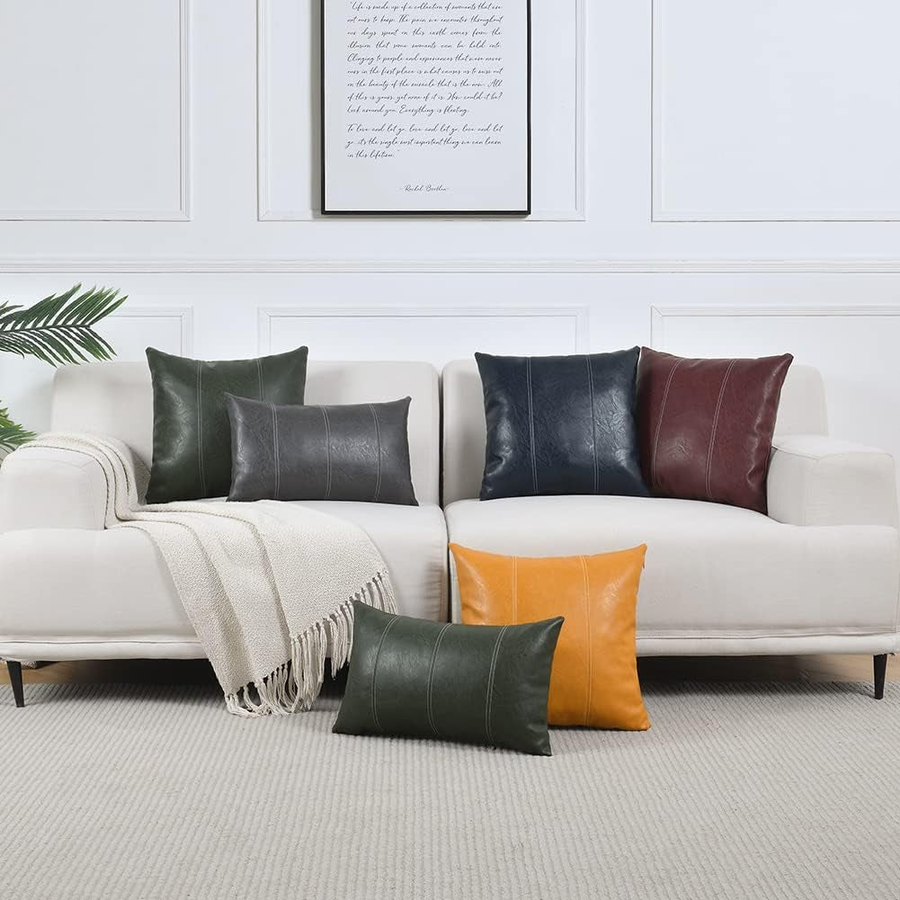 2 Packs Burgundy Lumbar Faux Leather Decorative Throw Pillow Covers 12X20 Inch