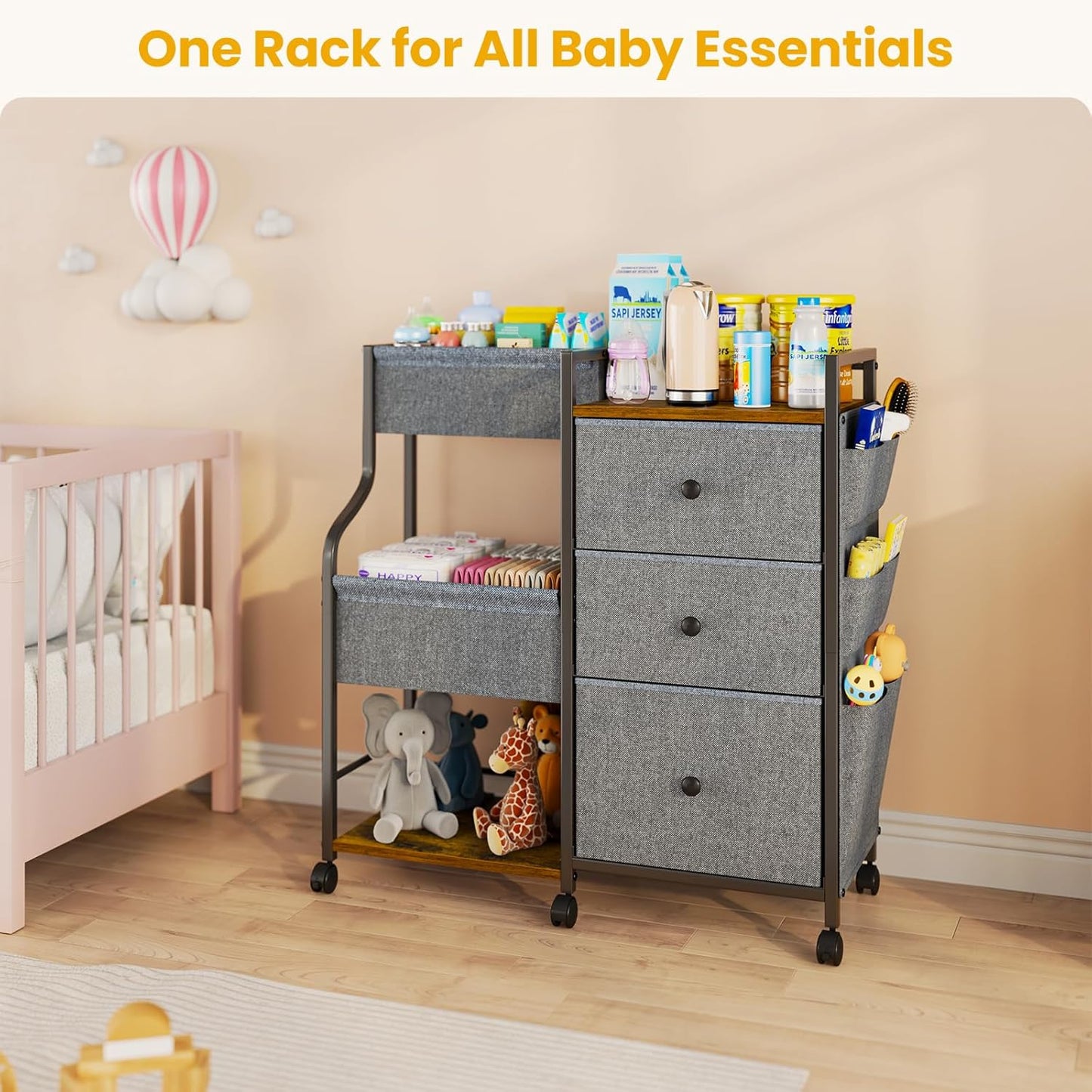 Baby Diaper Caddy, 3 Tier Baby Organizer and Storage Cart with Dividers and Drawers, Mobile Utility Rolling Cart, Grey