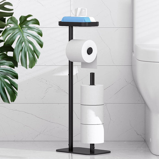 Toilet Paper Holder Free Standing – Rustproof Metal Toilet Paper Stand for 4 Rolls with Anti-Slip Base and Shelf Medium, Black