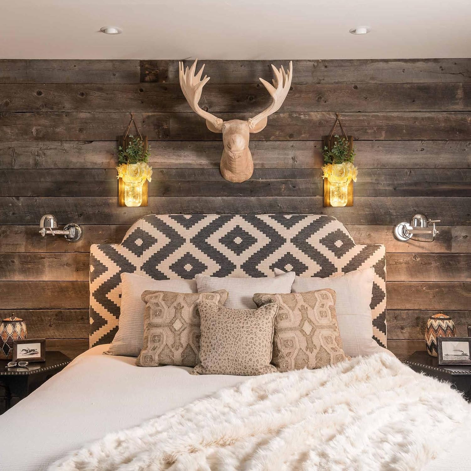 Rustic Wall Decor, Mason Jars Wall Sconces with Remote LED Lights, Hanging Kitchen Bathroom Bedroom Decor (Set of 2) - Dark Brown