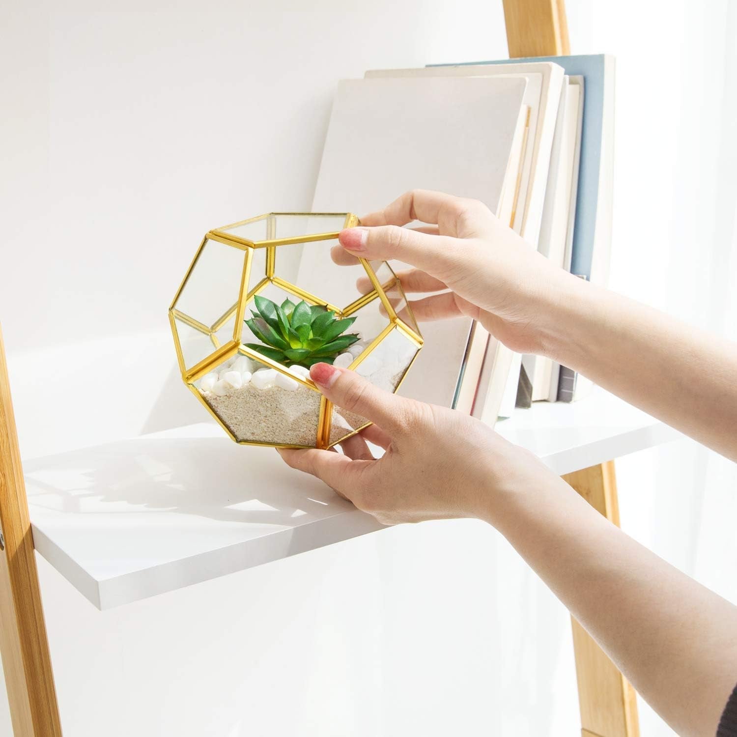 Artificial Succulent in 3 Pack Mini Glass Geometric Terrarium, Miniature Potted Faux Plant Bookshelf Desk, Gold