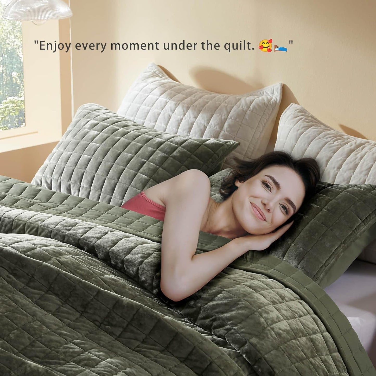 Olive Green Velvet Comforter Set, Quilt Full/Queen Size-90''X98''