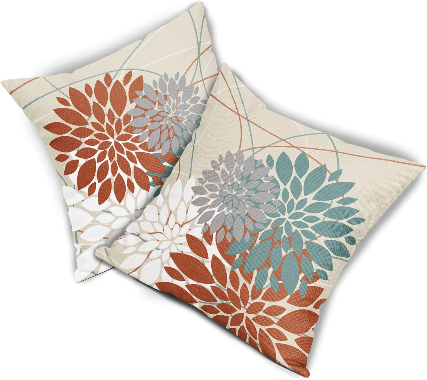 Orange Aqua Throw Pillow Covers 16X16 Dahlia Flower White Gray Elegant Colored, Set of 2