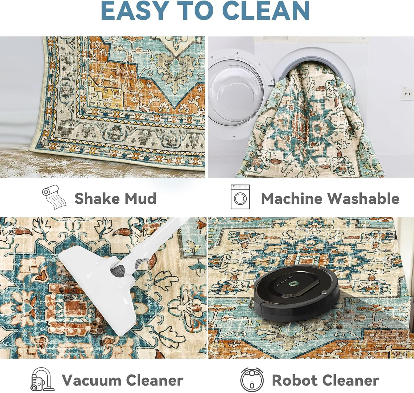 6X9 Area Rugs for Living Room,Non-Slip Soft Washable Rug with Vintage Medallion Pattern, , Orange Blue