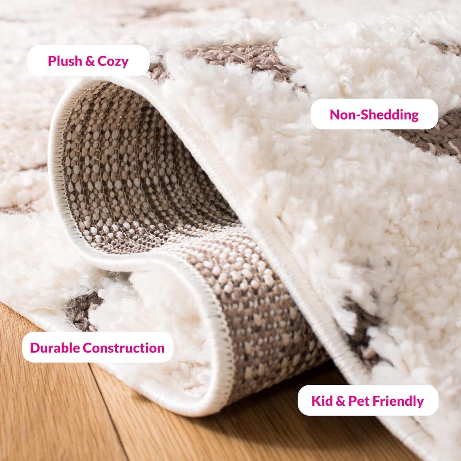 Moroccan Tassel Shag Collection Area Rug - 6'7" Square, Ivory & Brown, Boho Design, Non-Shedding & Easy Care (MTS688A)