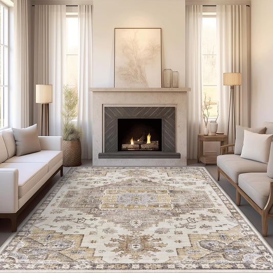 8X10 Area Rugs for Living Room, Stain Resistant Neutral Washable Rugs, Floral Vintage Non-Slip Thin (Brown)