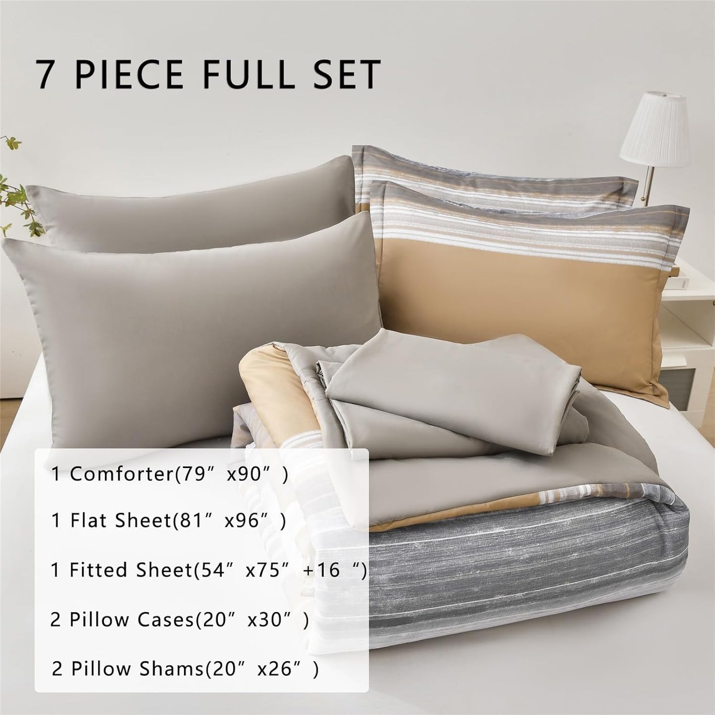 7 Piece Bed in a Bag Stripe Comforter Set Full Size, White Grey Khaki Striped Comforter and Sheet Set (Khaki,Full)