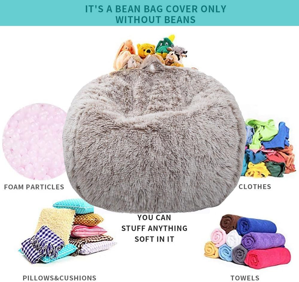 Fluffy Stuffed Animal Storage Bean Bag Chair Cover (No Filler), for Adults Teens Kids Girls, Heather Camel