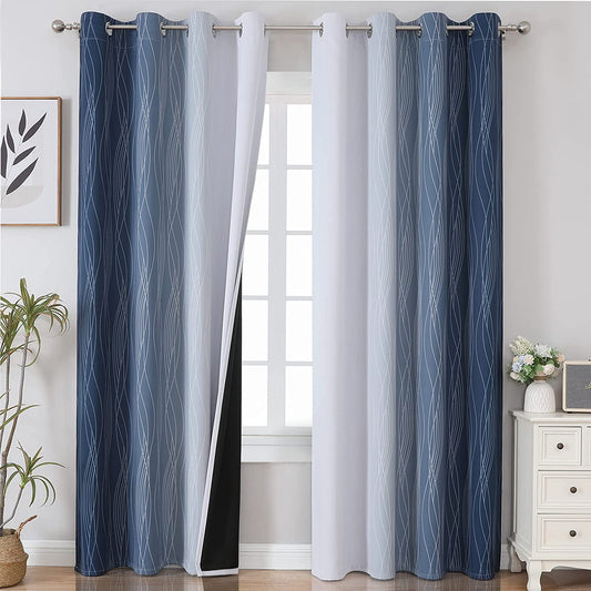 Navy Blue and Greyish White Blackout Curtains 52Wx84L,2 Panels