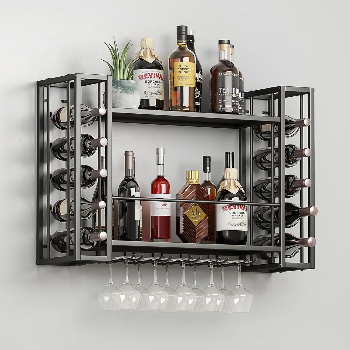 Wall Mounted Wine Rack, with Wine Glass Rack, 2-Tier Multi-Functional Shelf, Black